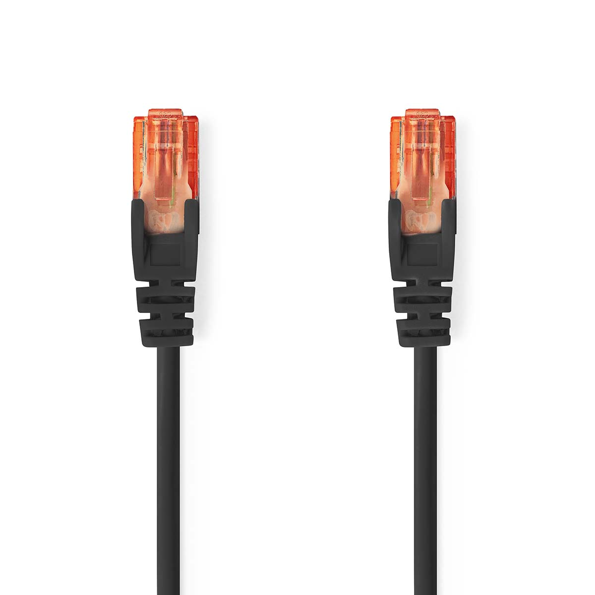 Zwei schwarze Ethernet-Kabel mit orangenen Steckern, Nahaufnahme.