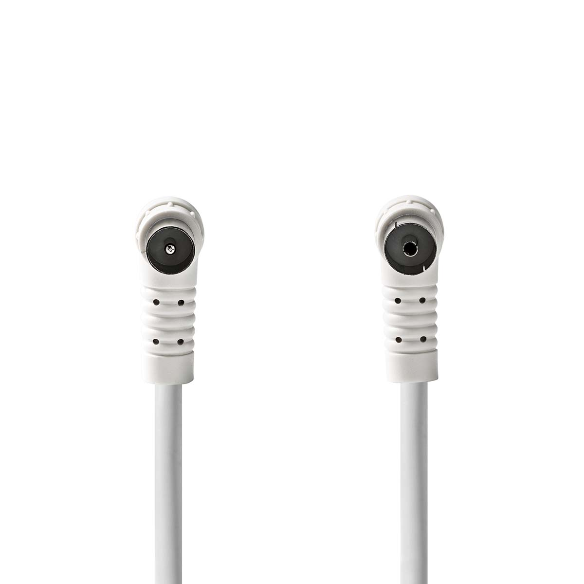 Zwei weiße Kabel mit abgewinkelten Koaxialanschlüssen auf weißem Hintergrund.