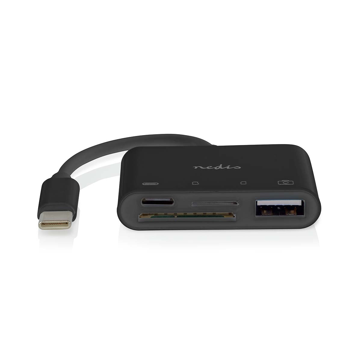 Un lettore di schede nero con un connettore USB-C, su una superficie bianca.