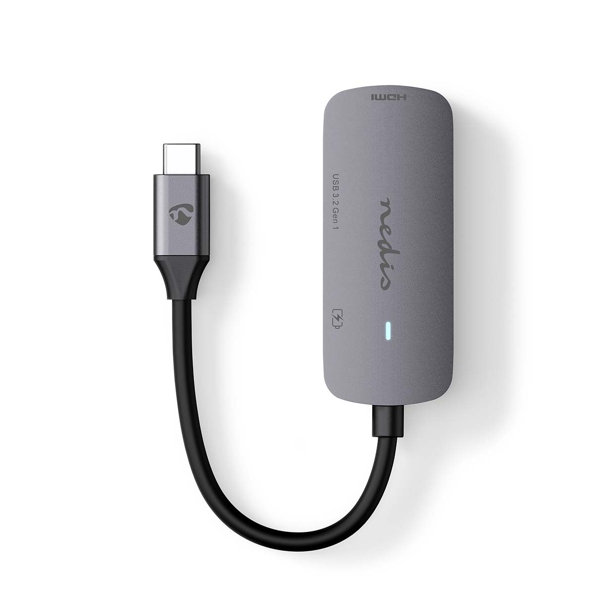 Grijze USB-C-adapter met een zwarte kabel. De adapter heeft het 'nedis'-logo en een USB 3.2 Gen 1 label.