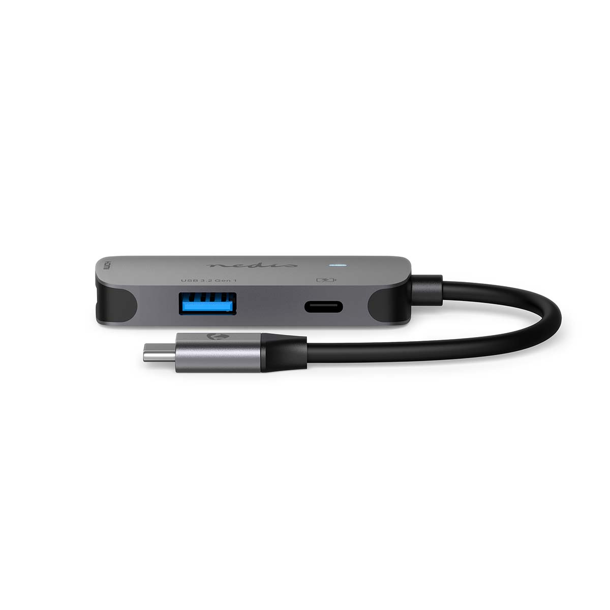 Grijze USB-hub met meerdere USB-poorten en een USB-C connector, voor data.
