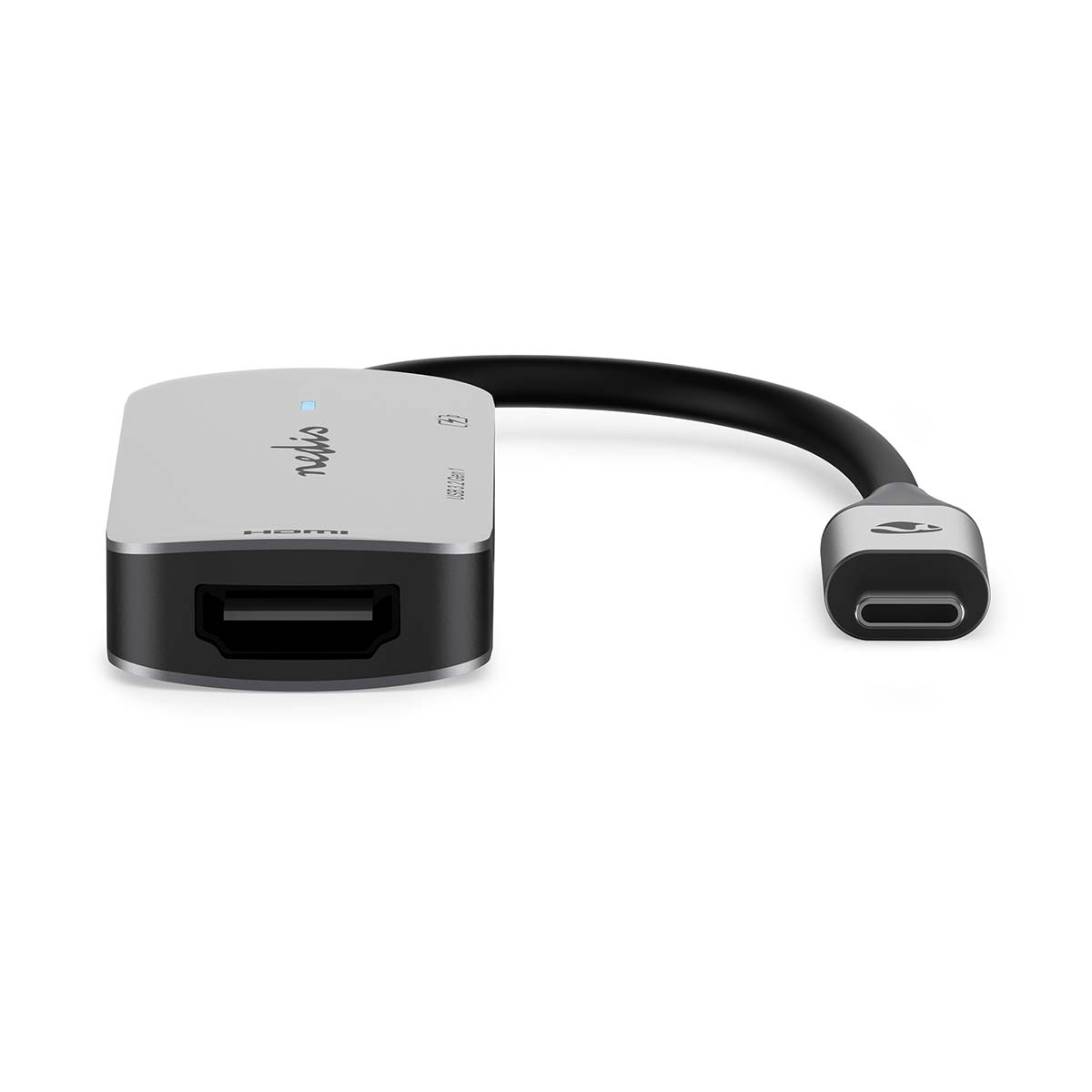 Zilveren en zwarte HDMI-adapter met een kabel en USB-C-connector. Het is een video-adapter.