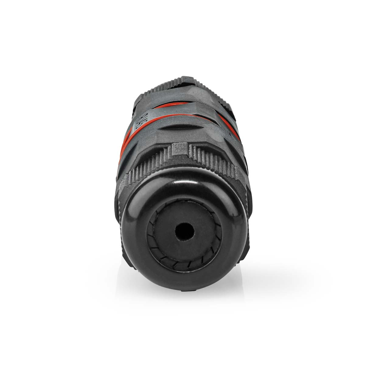 Black connector with red accents on white background. Circular shape. 