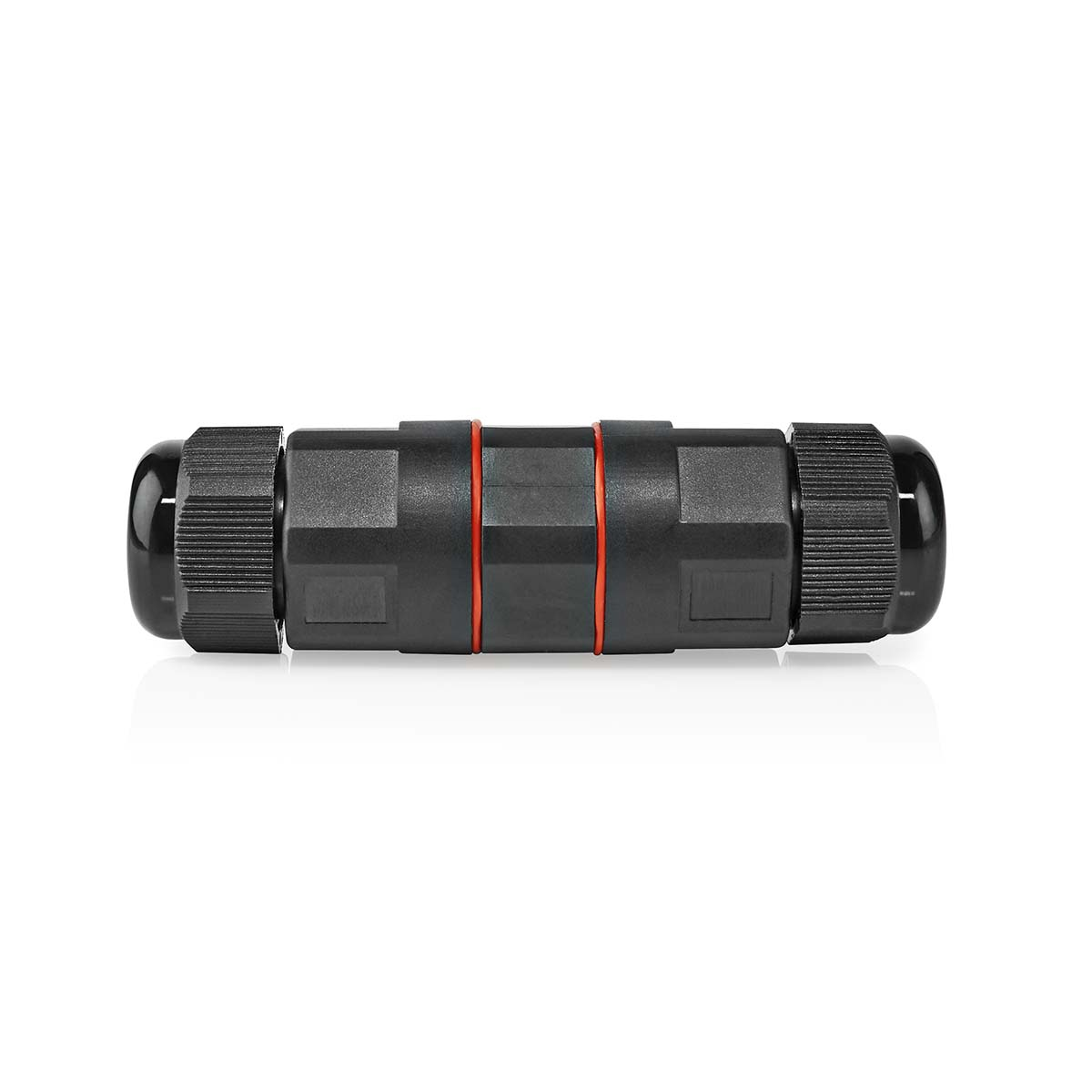 Black waterproof connector, with red bands, isolated on white.