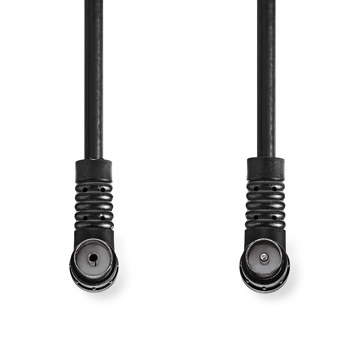 Dwa czarne kable koncentryczne ze złączami na białym tle.
