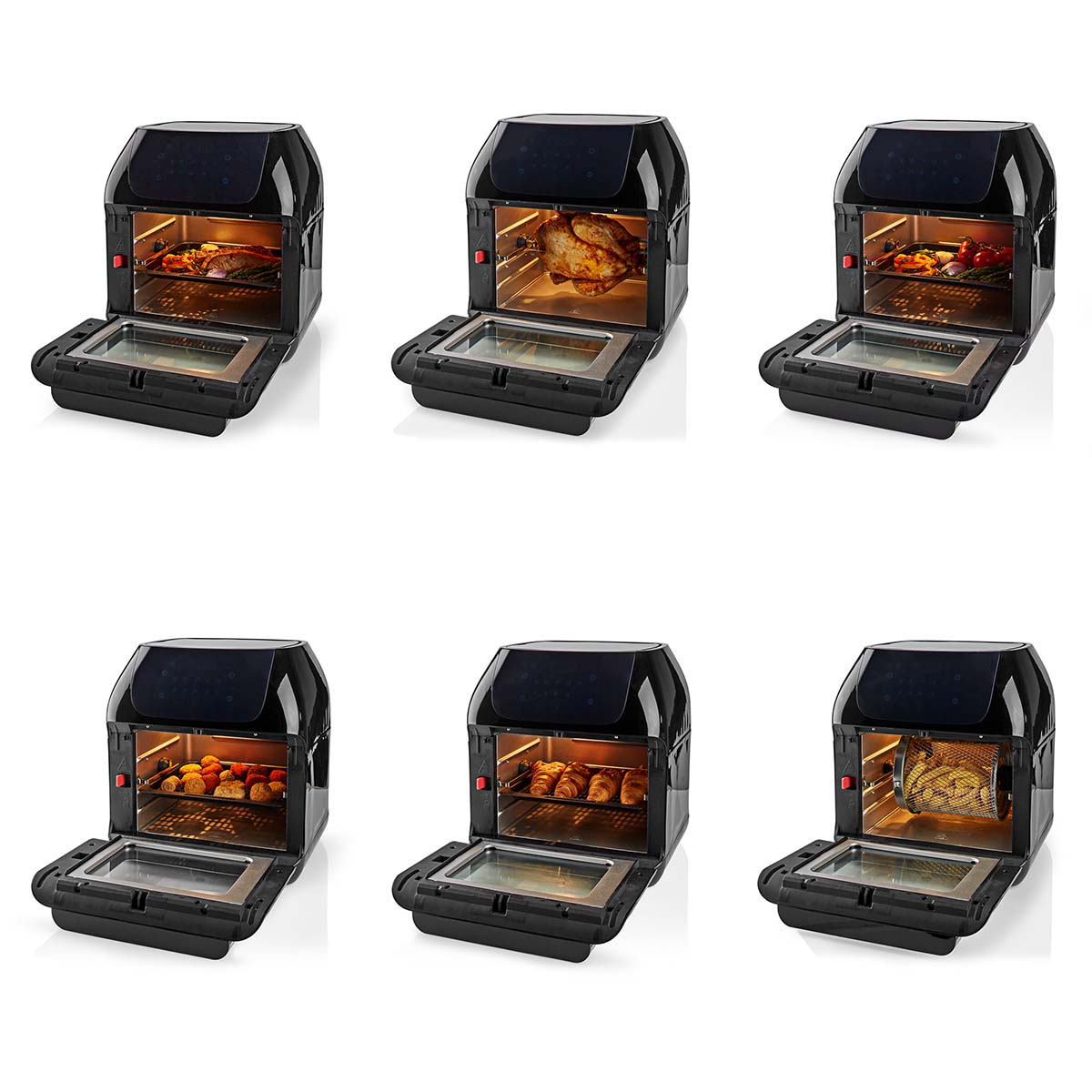 Zes airfryers, elk met verschillende gerechten.