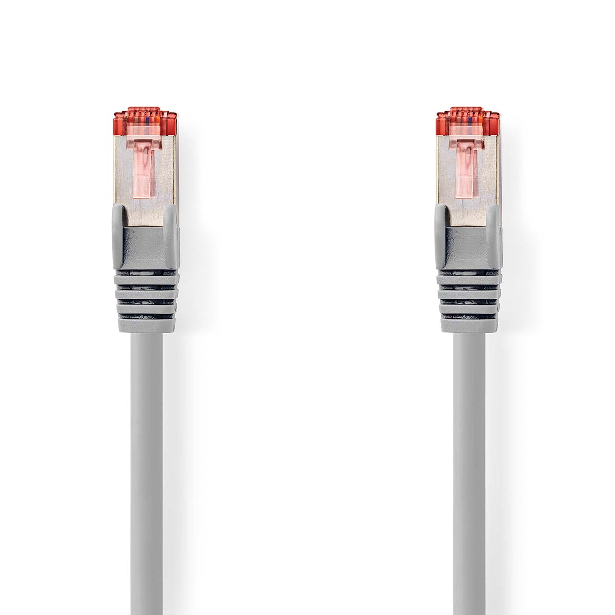 Zwei graue Netzwerkkabel mit roten Steckern auf weißem Hintergrund.