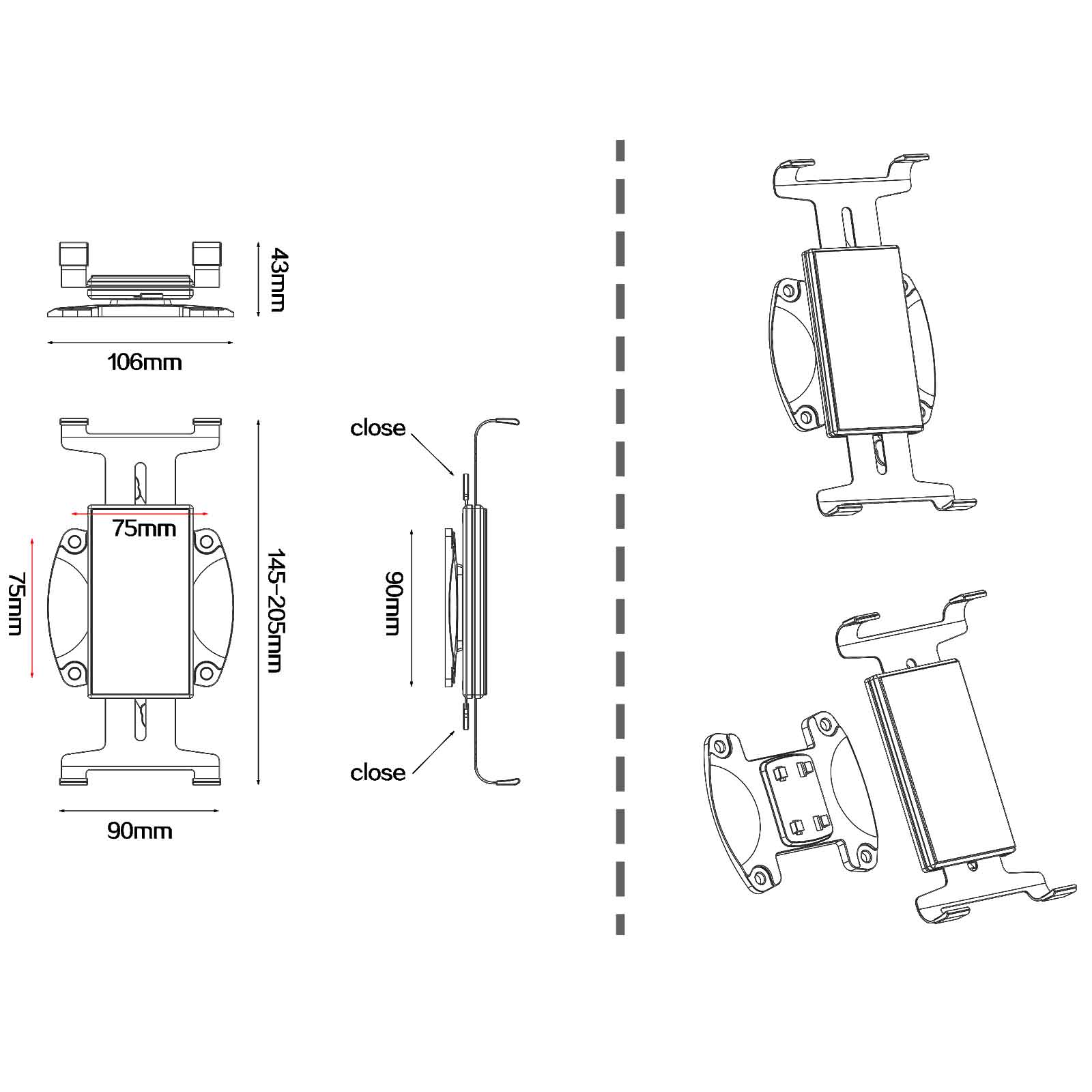 Technische Zeichnungen eines Tablethalters, mit Abmessungen und verschiedenen Montagekonfigurationen.
