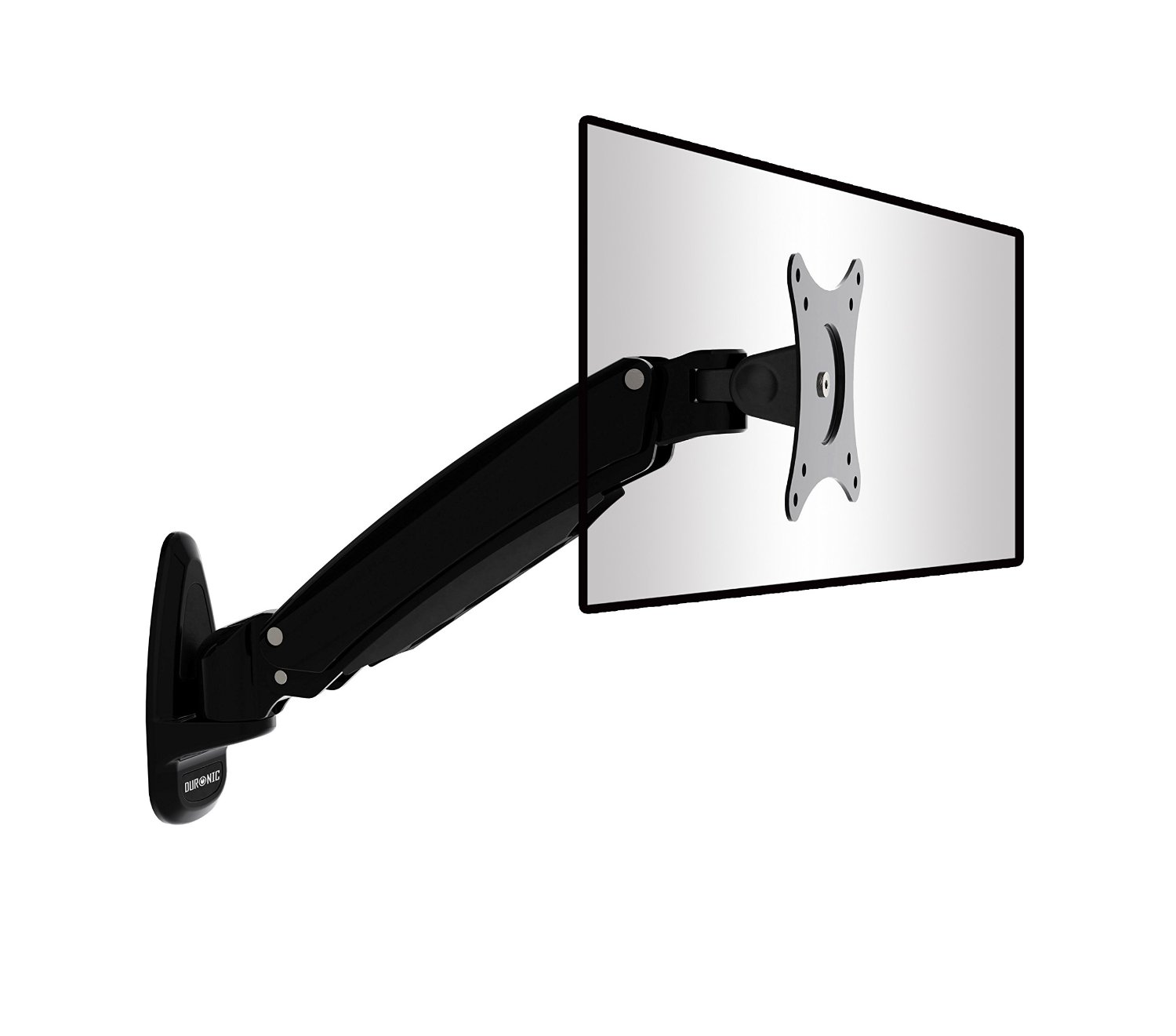 Schwarzer Monitorarm an weißer Wand, hält einen Monitor.
