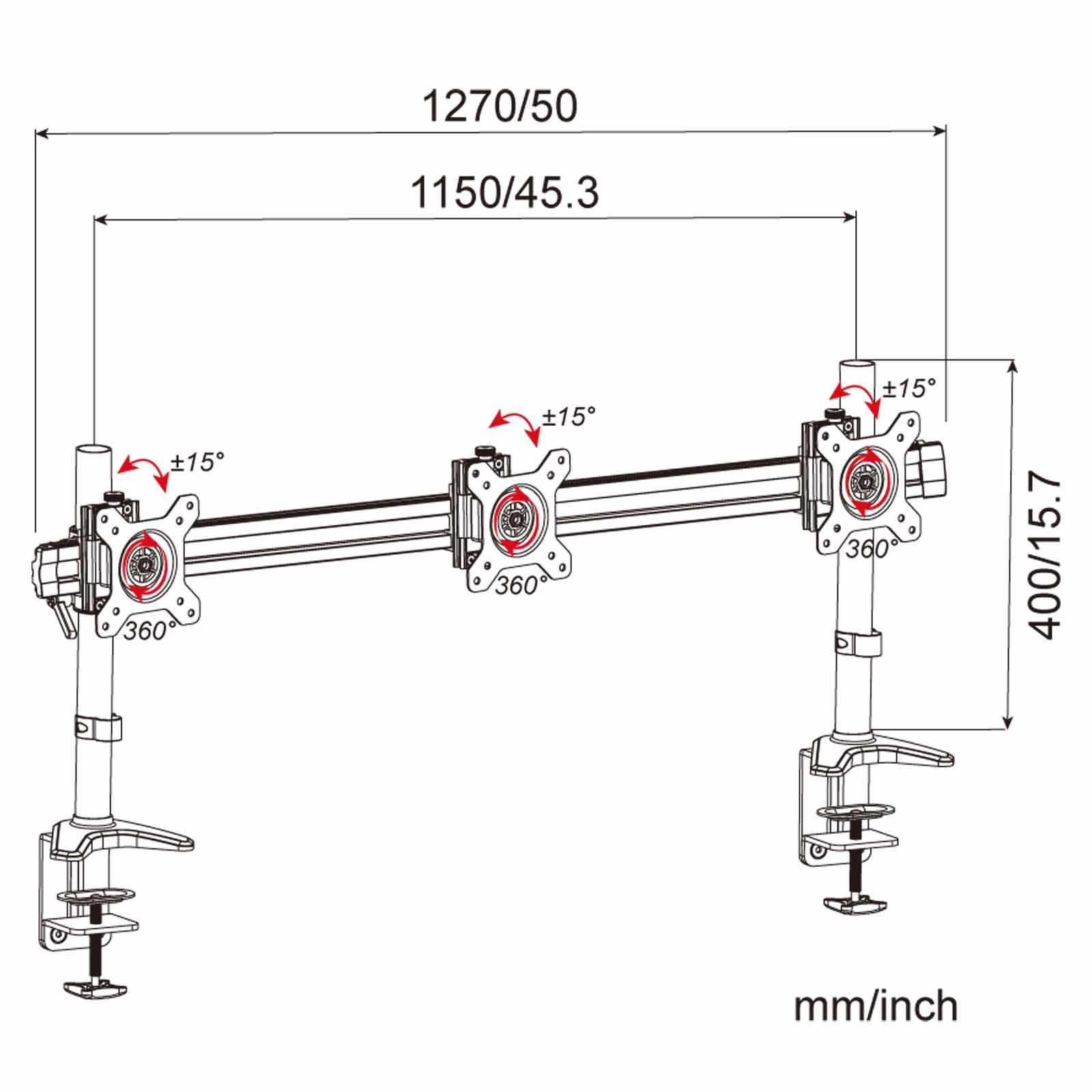 Diagramm eines Monitorständers mit Maßangaben und Winkeln.