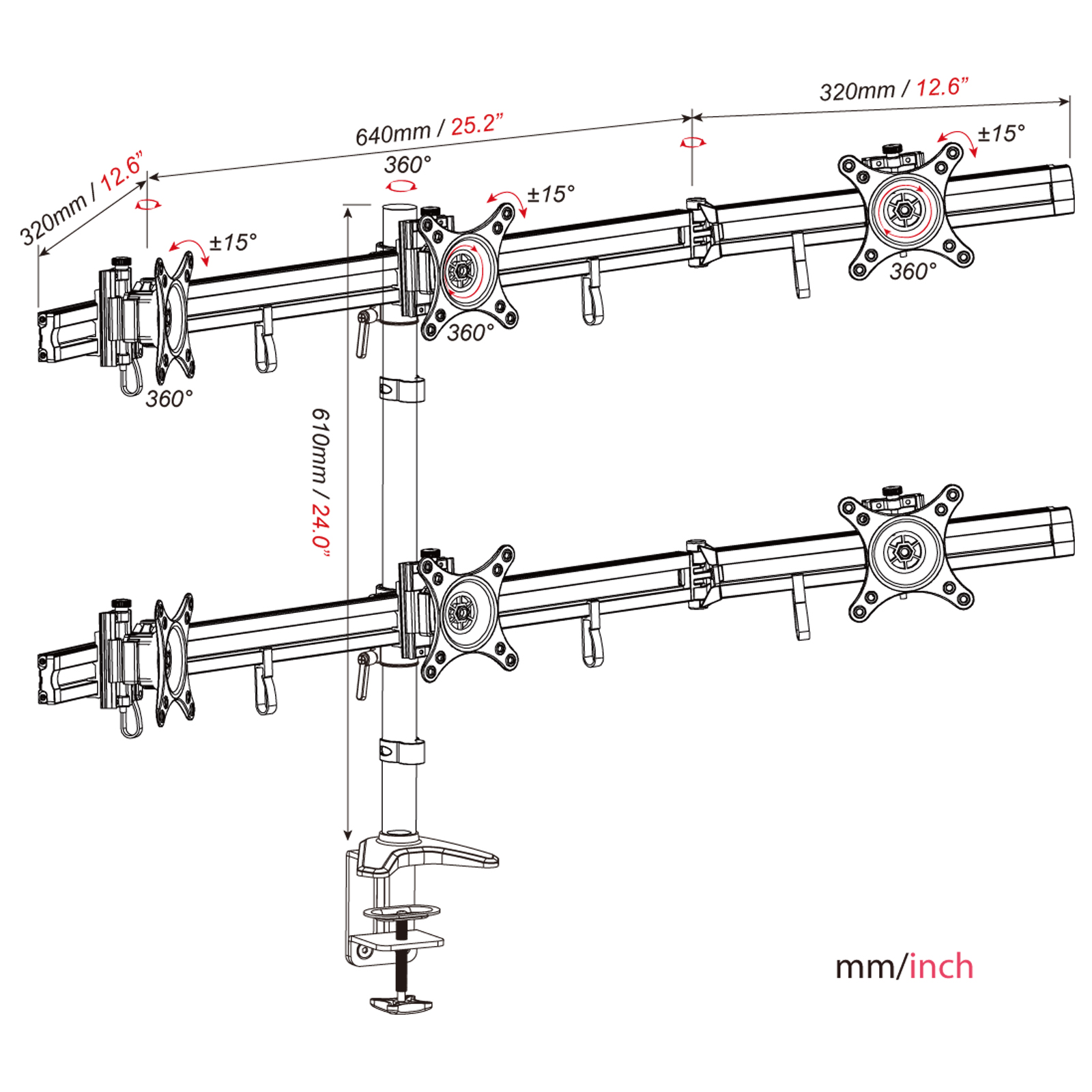 Eine Monitorhalterung mit Maßen: 640 mm/25,2", 610 mm/24,0" und 320 mm/12,6".