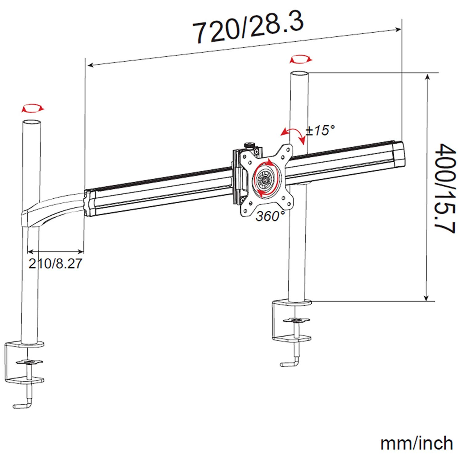 Diagramm mit Maßen eines Monitorarms, zeigt Abmessungen und Winkel.