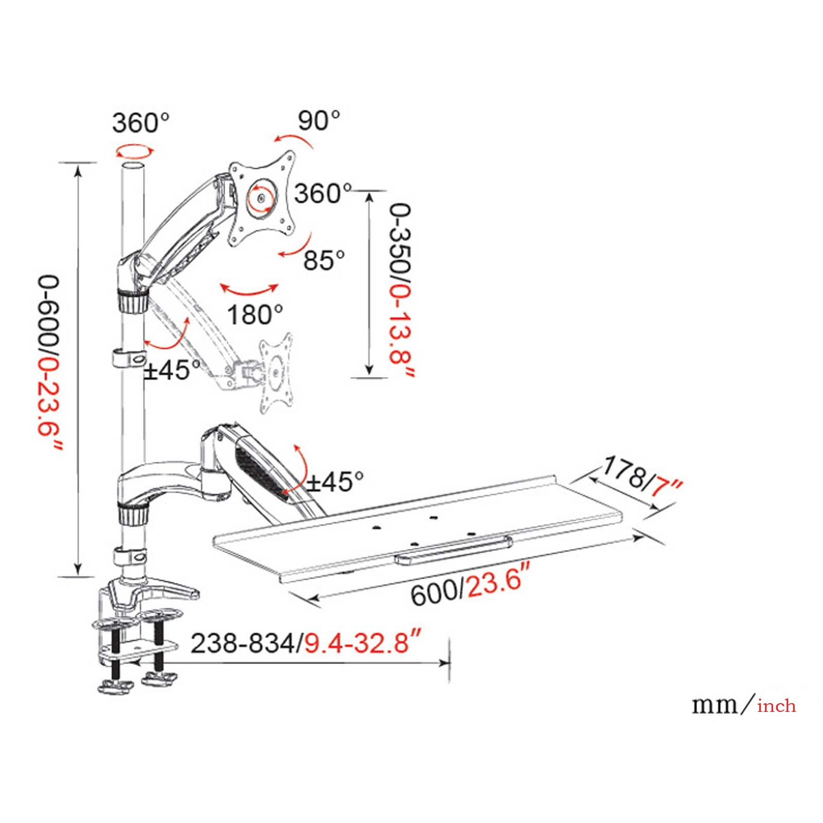 Diagramm eines Monitorarms mit Abmessungen und Winkeln, schwarz und weiß.