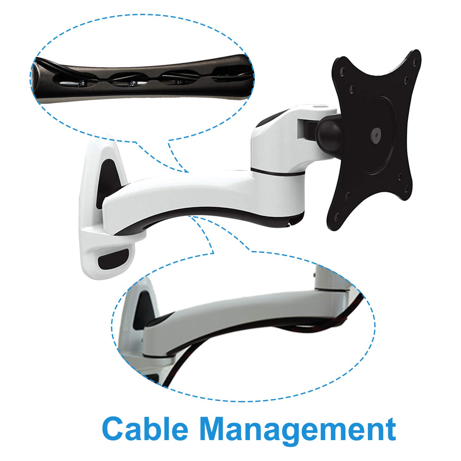 Weißer und schwarzer Monitorarm mit schwarzer Monitorhalterung und Kabelführung.