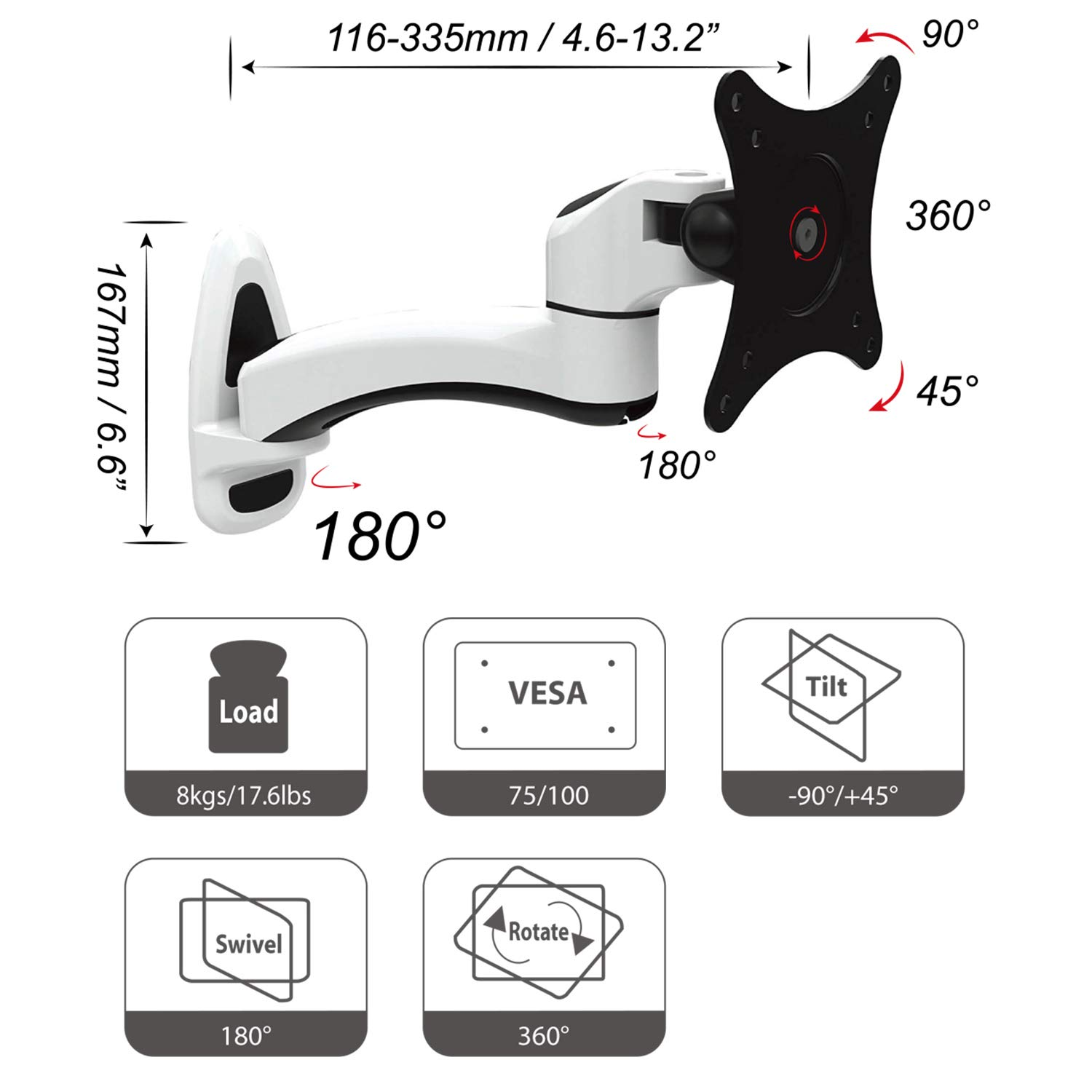 Eine Monitorhalterung mit Abmessungen und Richtungspfeilen, die Schwenk-, Neige- und Drehfunktionen anzeigen.