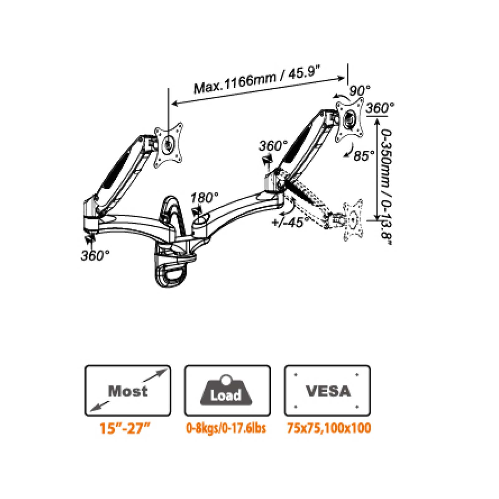 Technische Zeichnung für einen Monitorarm, mit Abmessungen und einem Symbol. Produktdetails sind enthalten.