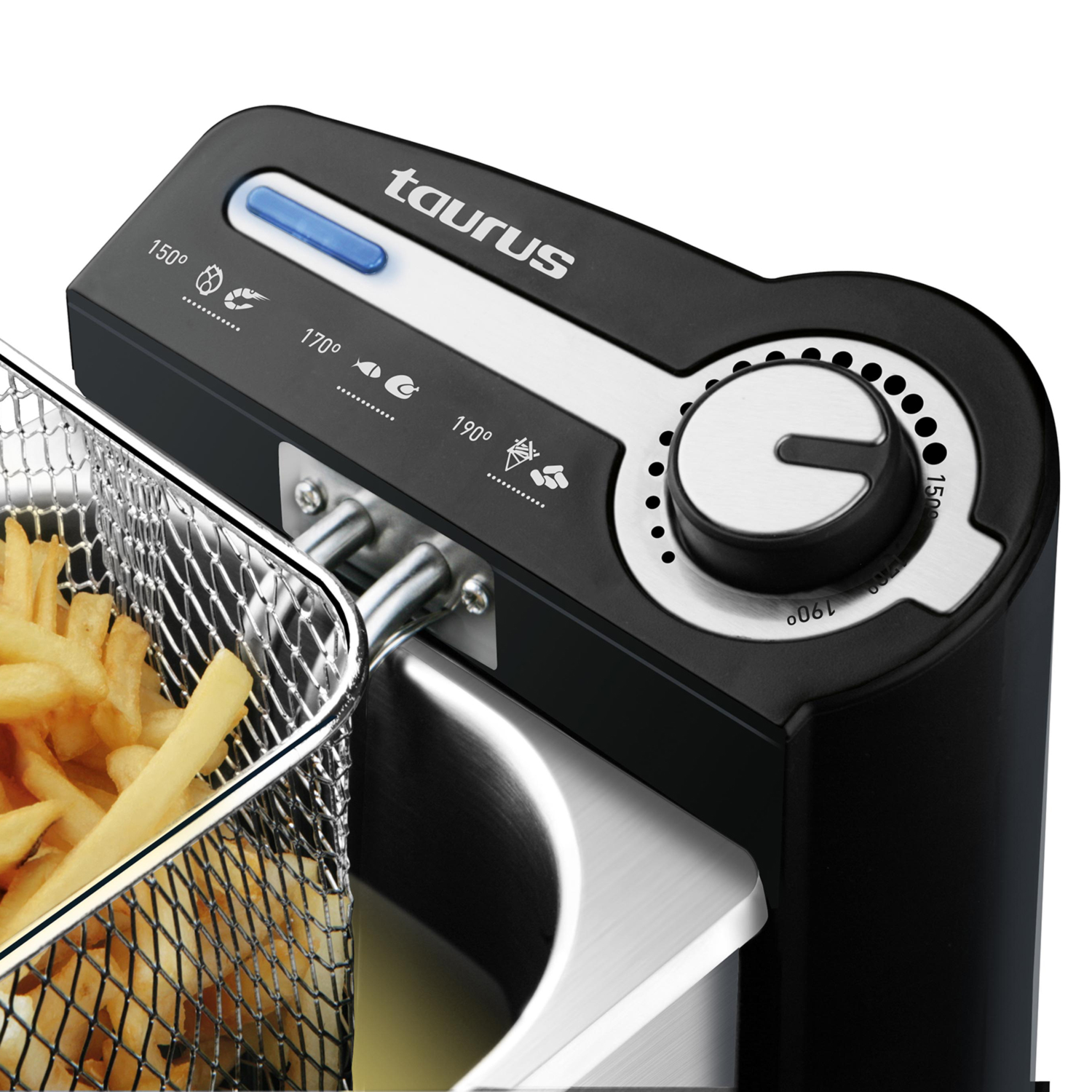 Freidora negra Taurus con cesta de patatas fritas y dial.