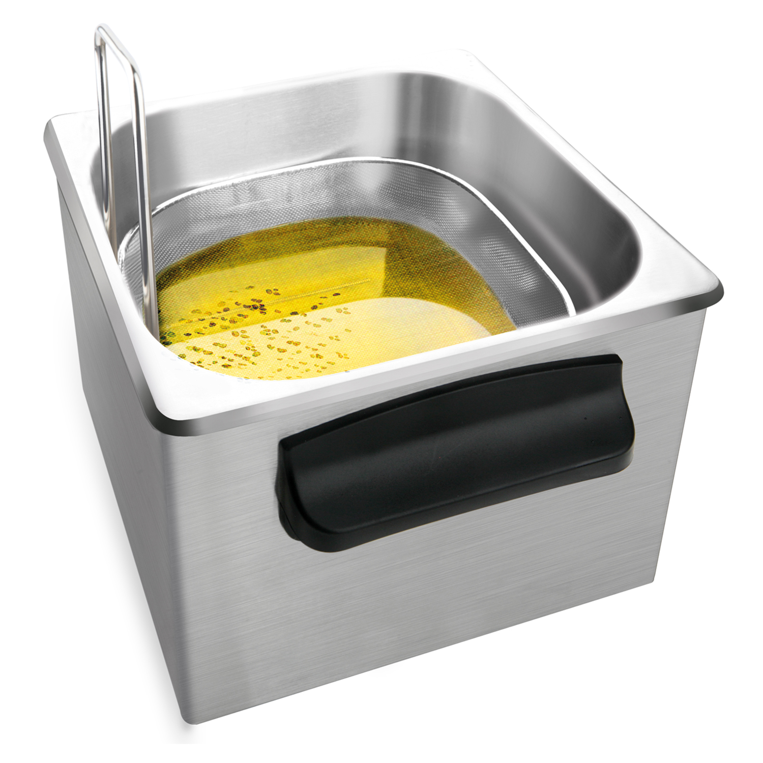 Freidora de acero inoxidable con una cesta de malla llena de aceite amarillo.