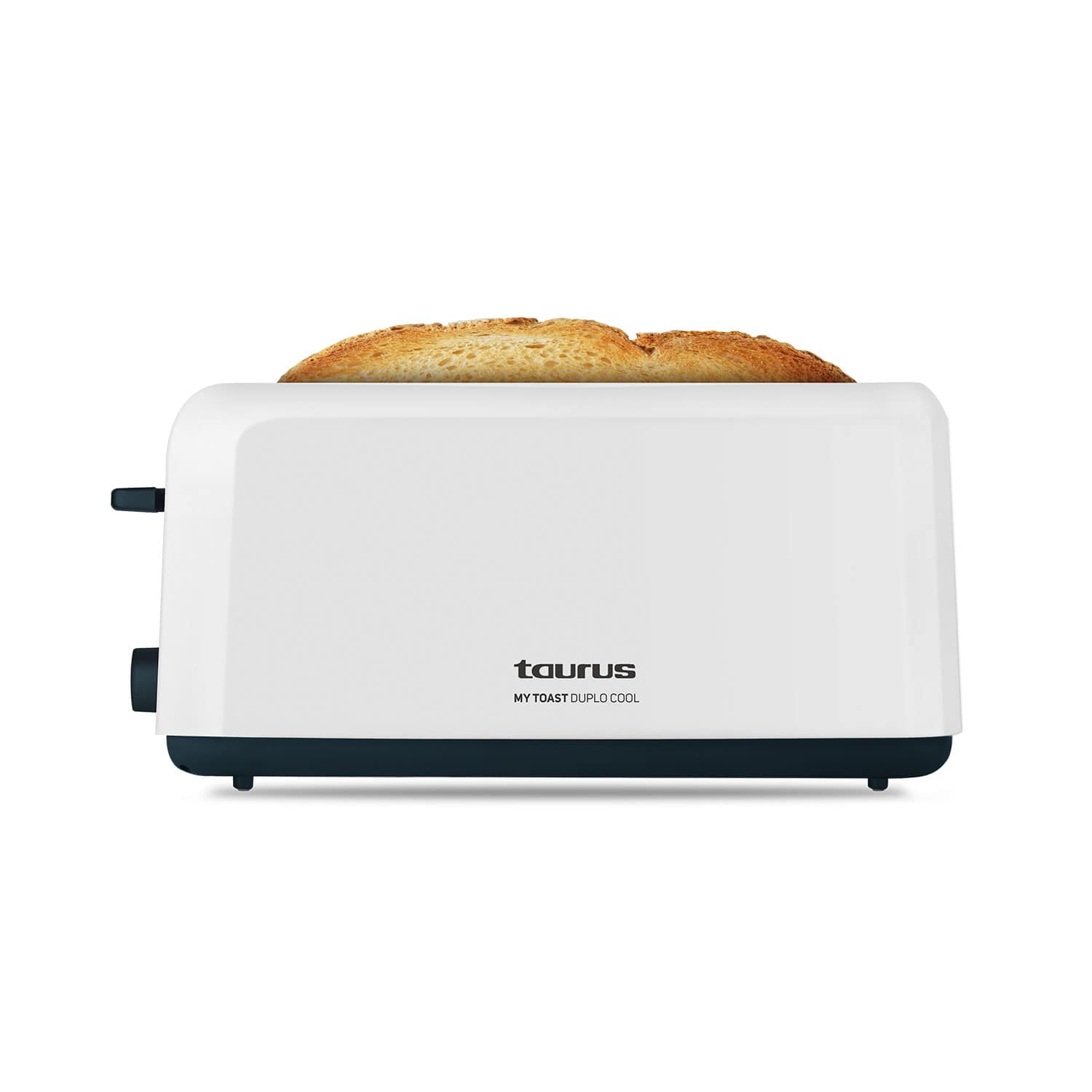 Una tostadora blanca con dos rebanadas de pan tostado saliendo. La marca 'taurus' y el texto son visibles.