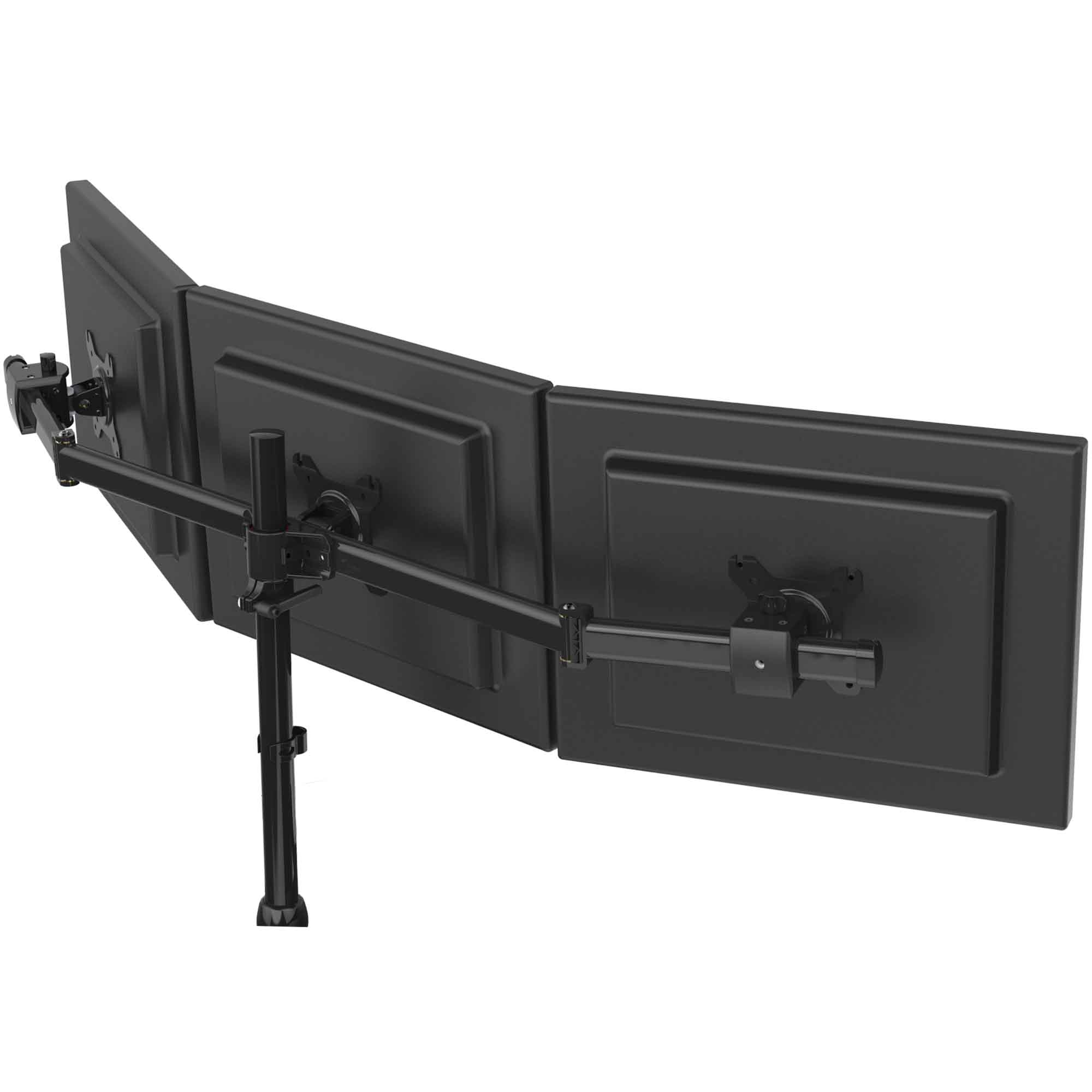 Drei schwarze Computermonitore, die an einem Ständer befestigt sind. Der Ständer hat mehrere Gelenkarme, schwarzer Hintergrund.