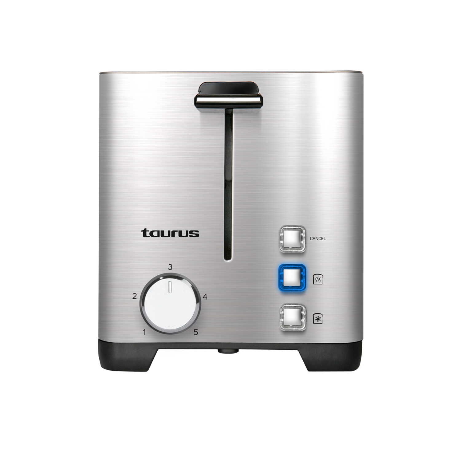 Silberner Toaster mit schwarzen Akzenten, Knöpfen und einem Drehregler. Der Markenname ist darauf.