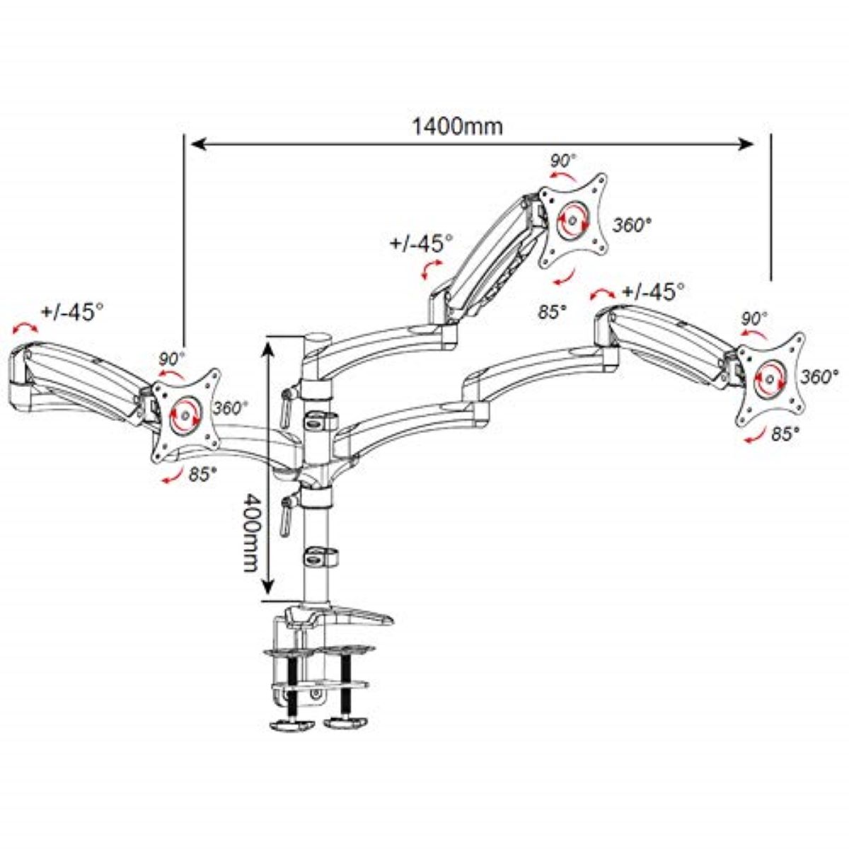 Monitorarm, Diagramm mit Maßen. Drei Monitore können angebracht werden. Weißer Hintergrund.