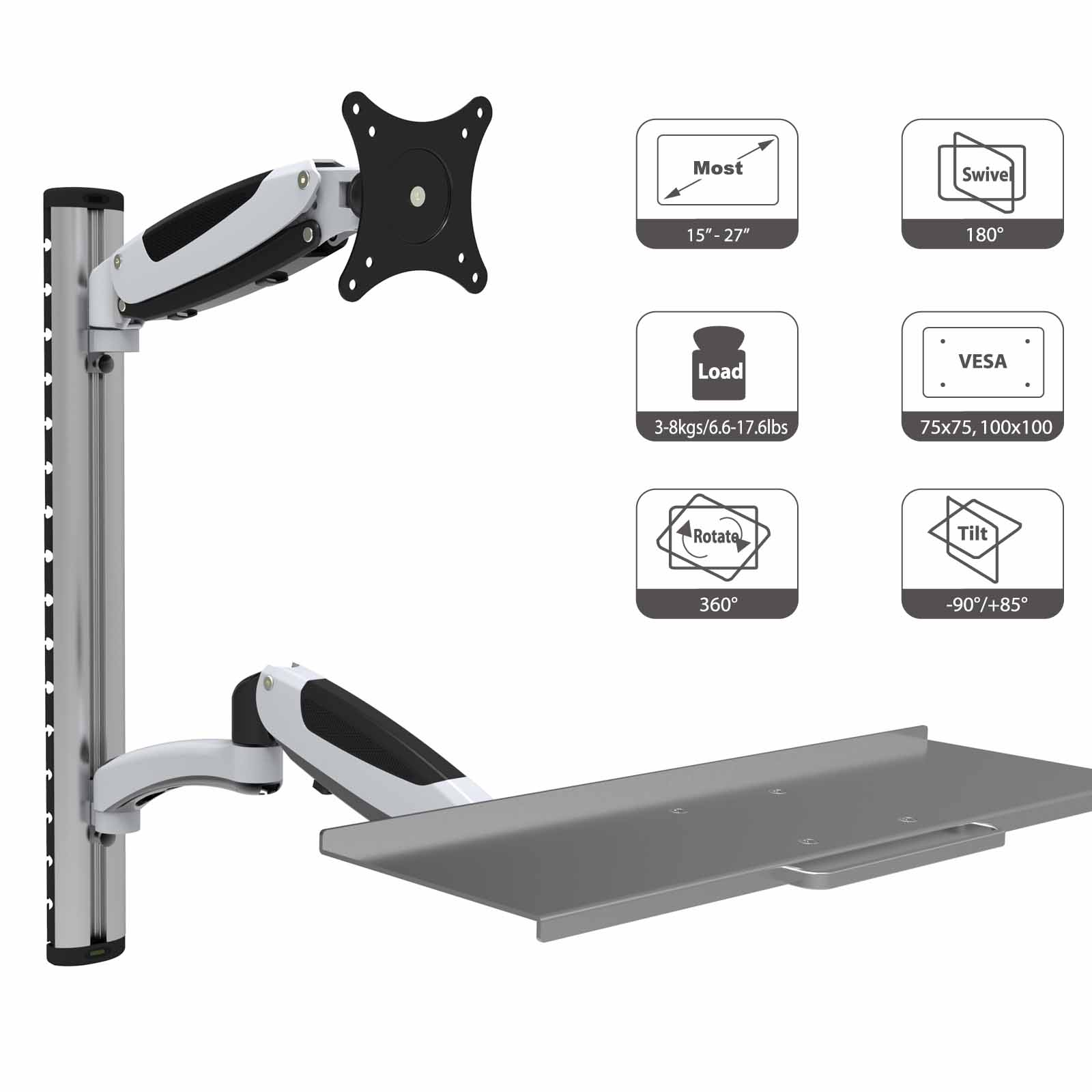 Monitorarm mit Ablage. Silberne Stange, schwarz-weißer Arm. Diagramme mit Bewegungsrichtungen.