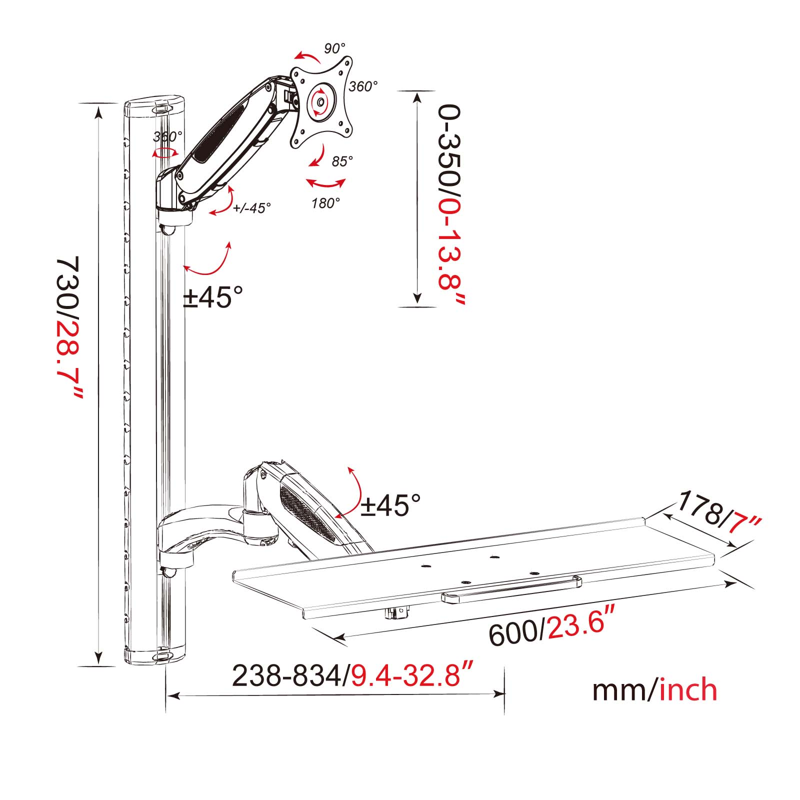 Diagramm eines Monitorarms mit schwarzen Bemaßungen und Winkeln.