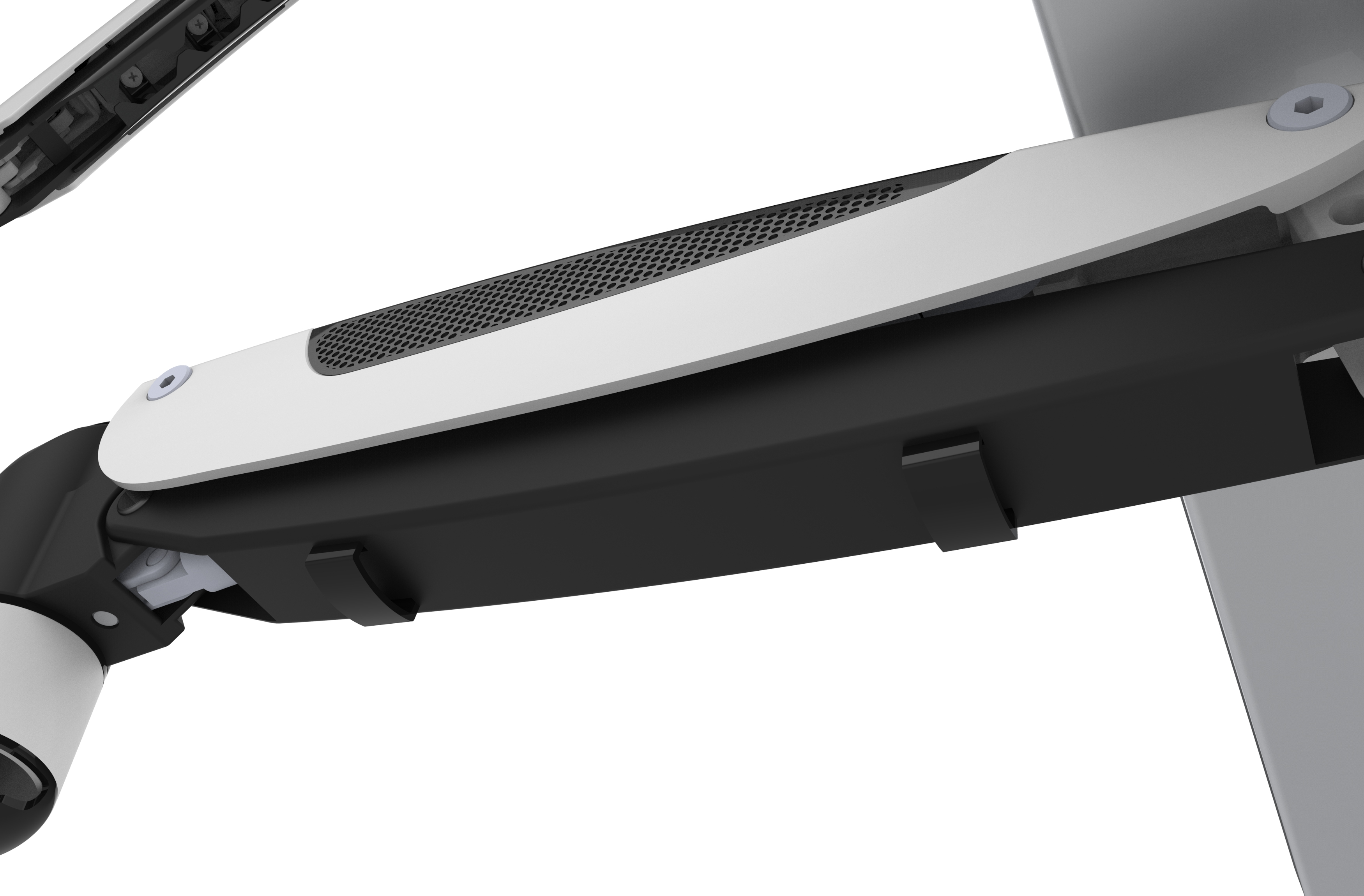 Nahaufnahme eines Monitorarms, schwarz und weiß, mit einem Belüftungsbereich.
