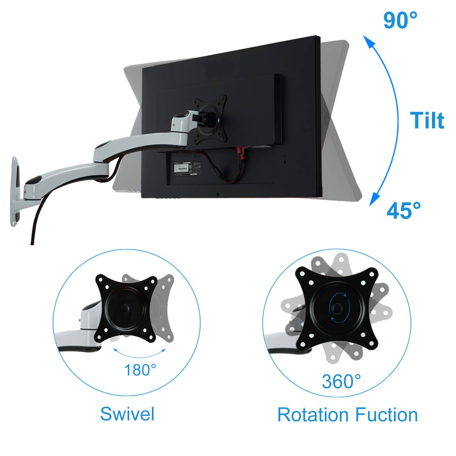 Ein Monitorarm mit Neige- und Schwenkfunktion. Diagramme zeigen 90-45 Grad Neigung und 180-360 Grad Schwenkung.