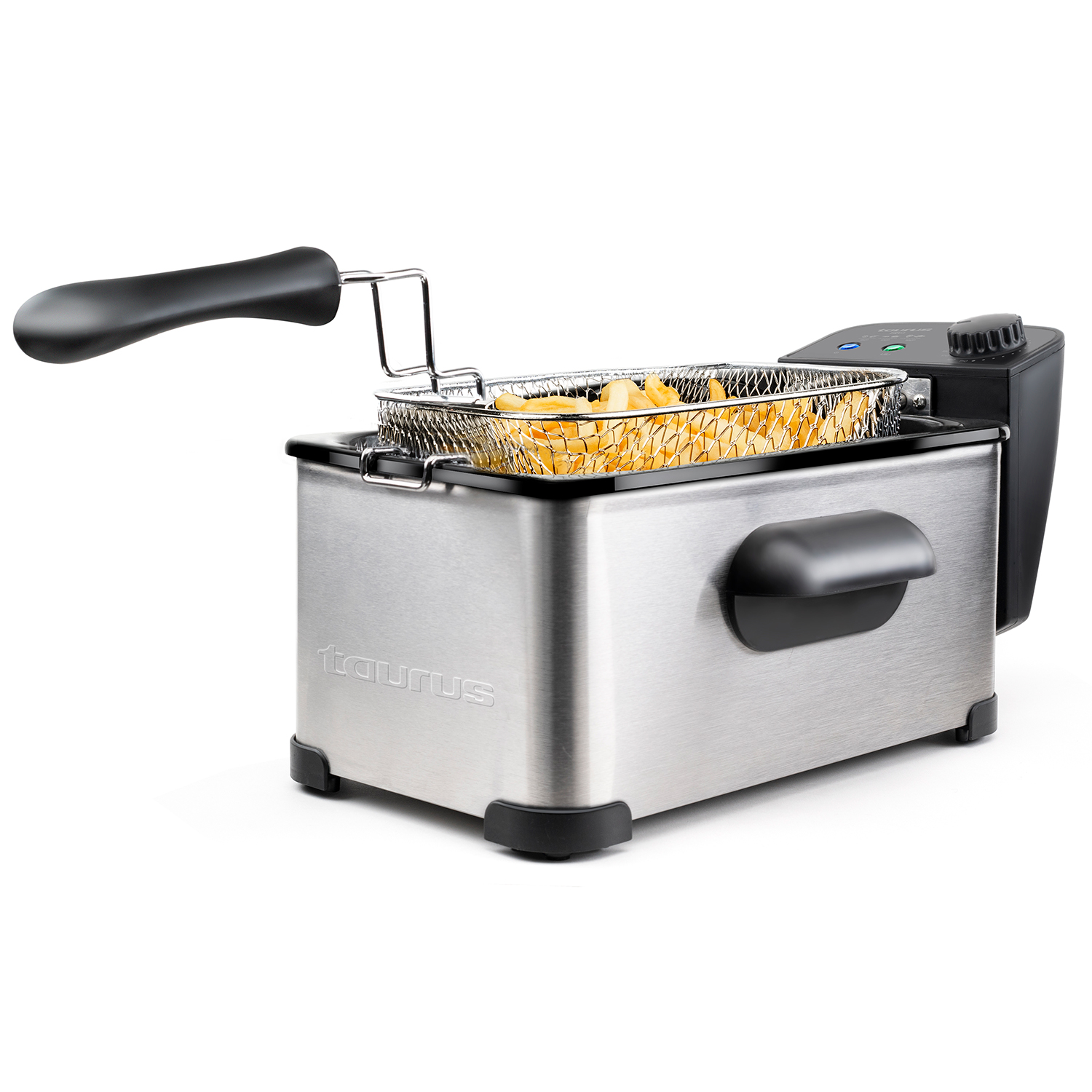 Freidora de acero inoxidable con cesta de patatas fritas, mango y botones negros.