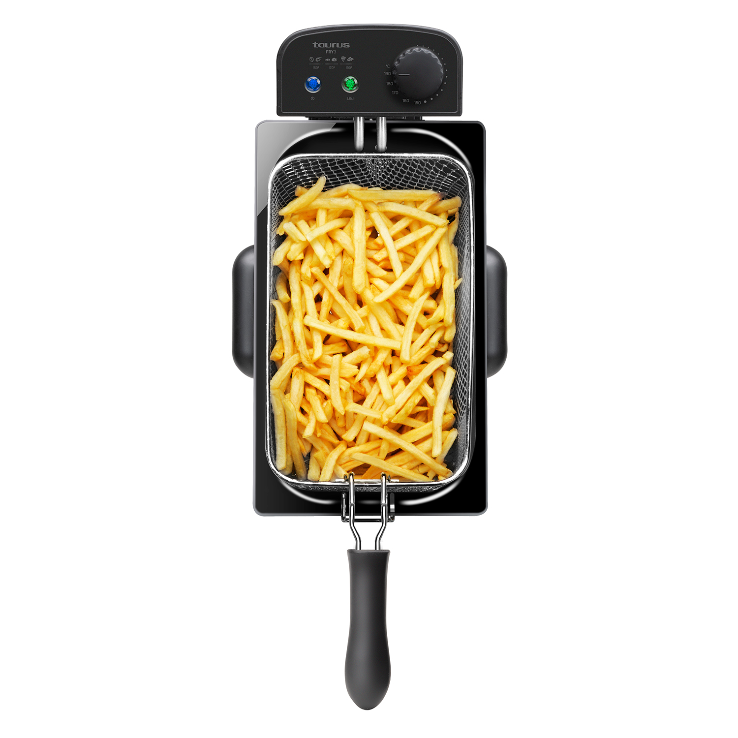 Freidora con una cesta de patatas fritas doradas. Mango negro y panel de control.