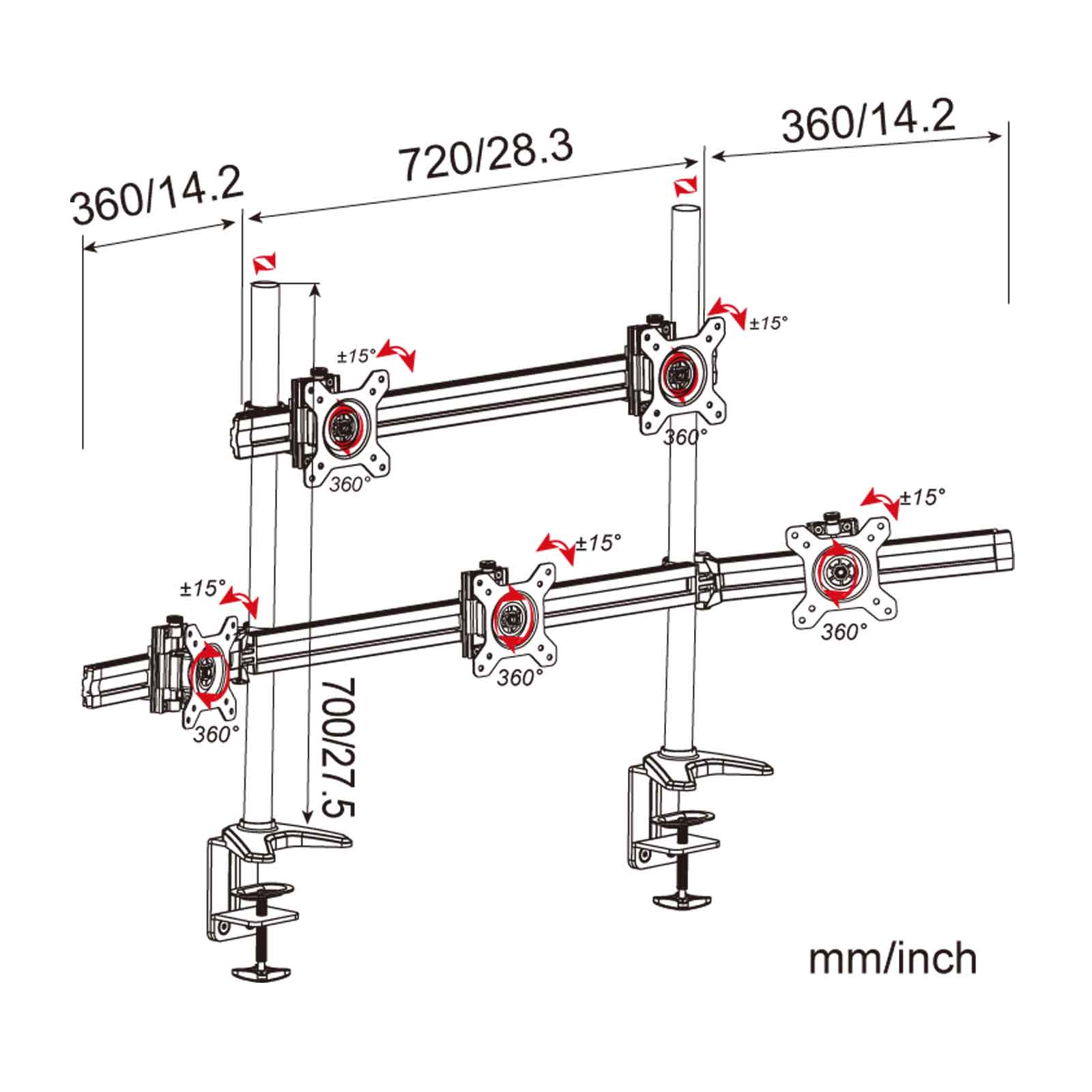 (MP235C-N) 5-fach Schwarz, HFTEK Aluminium Monitorhalterung,