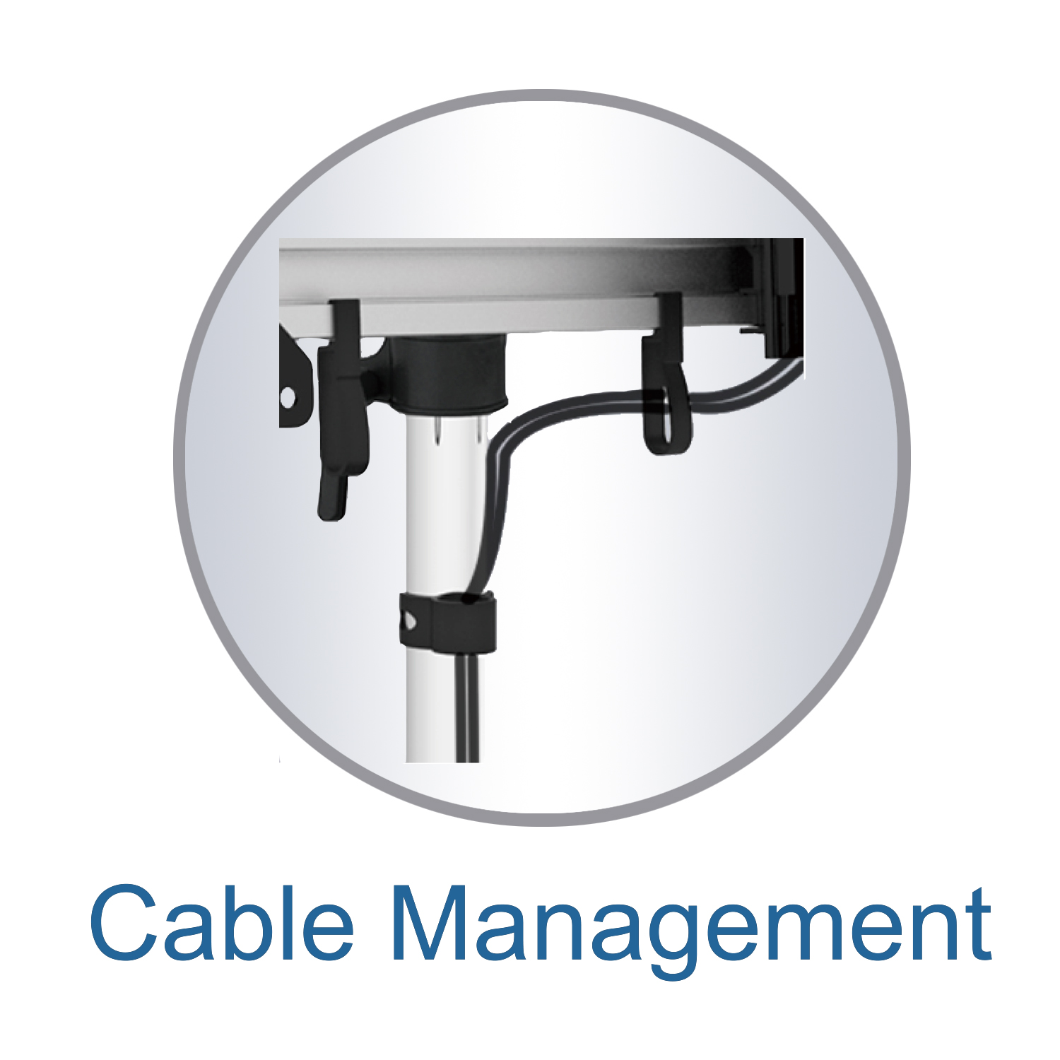 Nahaufnahme eines Kabelmanagementsystems. Schwarze Clips halten ein schwarzes Kabel an einer weißen Stange.