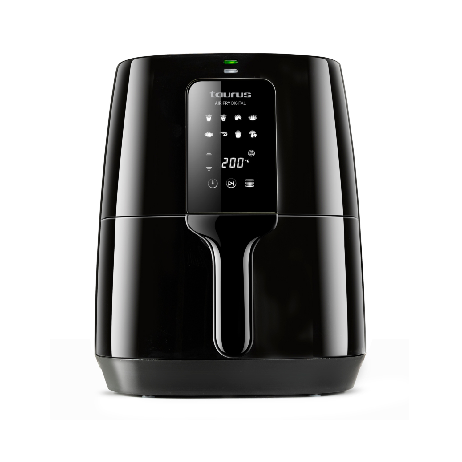 Freidora de aire negra con pantalla digital. Está sobre un fondo blanco. La sección superior muestra iconos de cocina.