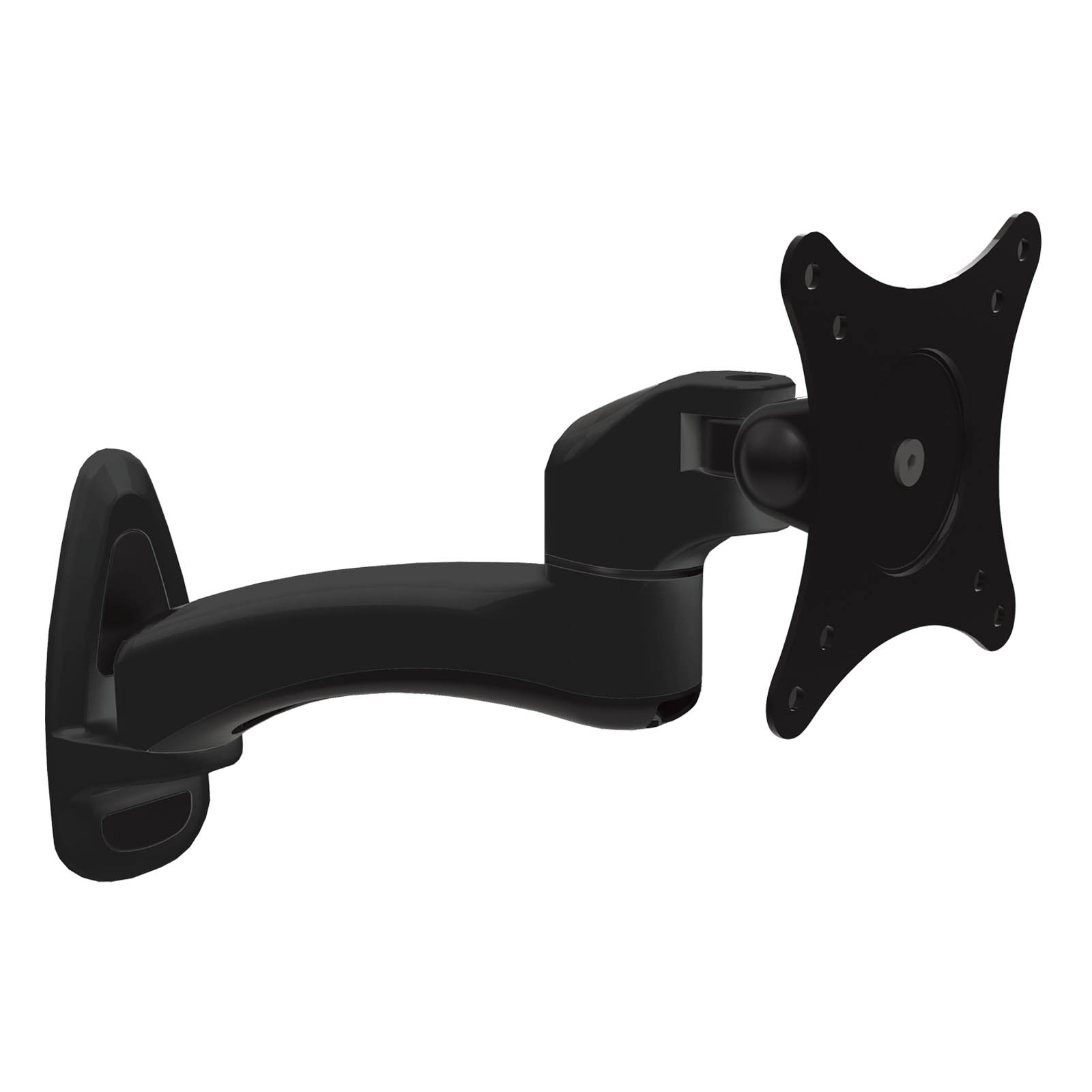 Ein Monitorarm. Schwarze Farbe. Der Arm ist an einer Wand montiert.