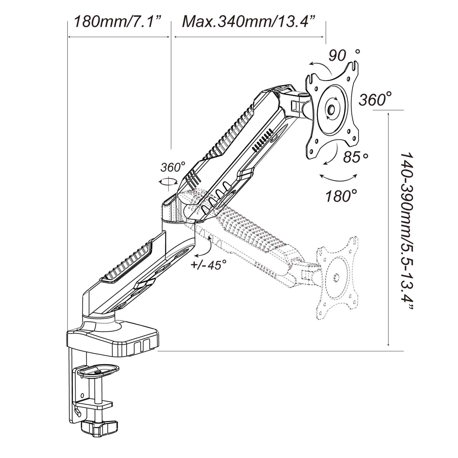 Diagramm eines Monitorarms, zeigt Abmessungen und Bewegungsgrade, schwarz-weiß.