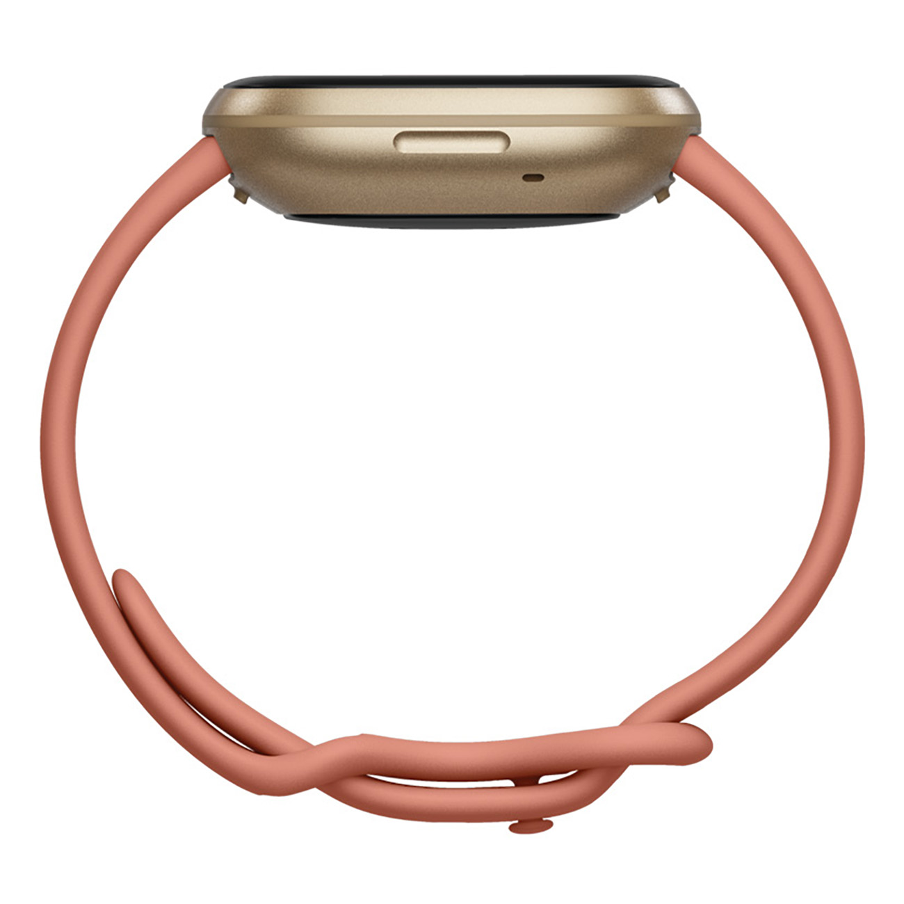 A smartwatch with a pink strap. The watch is gold and has a square face.