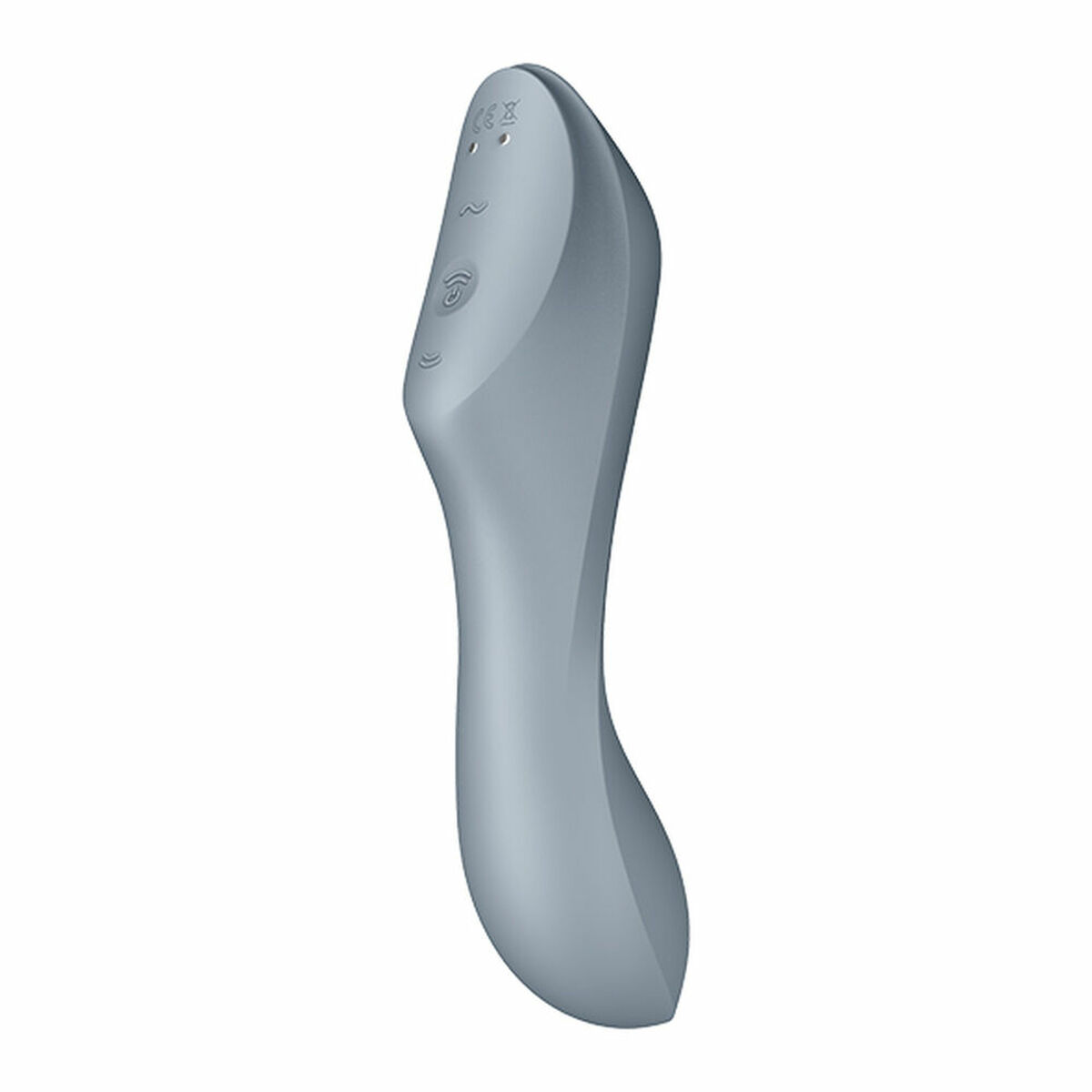 Juguete sexual gris. Forma curva con botones, sobre fondo blanco.