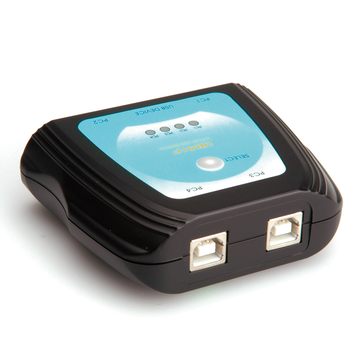 Schwarzer USB-Schalter mit Eingangsports und Auswahltaste. Blaues Licht.