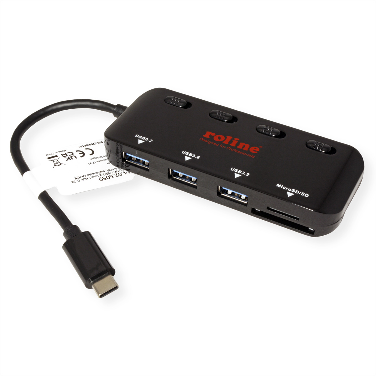 Schwarzer Roline USB-Hub mit USB 3.2-Anschlüssen, einem MicroSD-Steckplatz und einem USB-C-Anschluss.