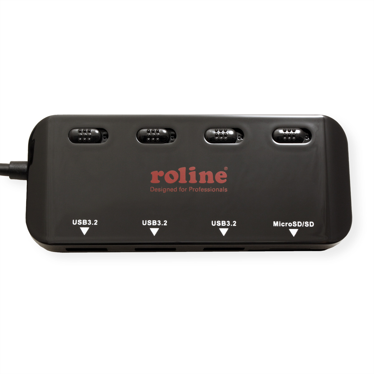 Schwarzer USB-Hub mit vier USB 3.2-Anschlüssen und einem MicroSD/SD-Slot, Marke 'roline'.