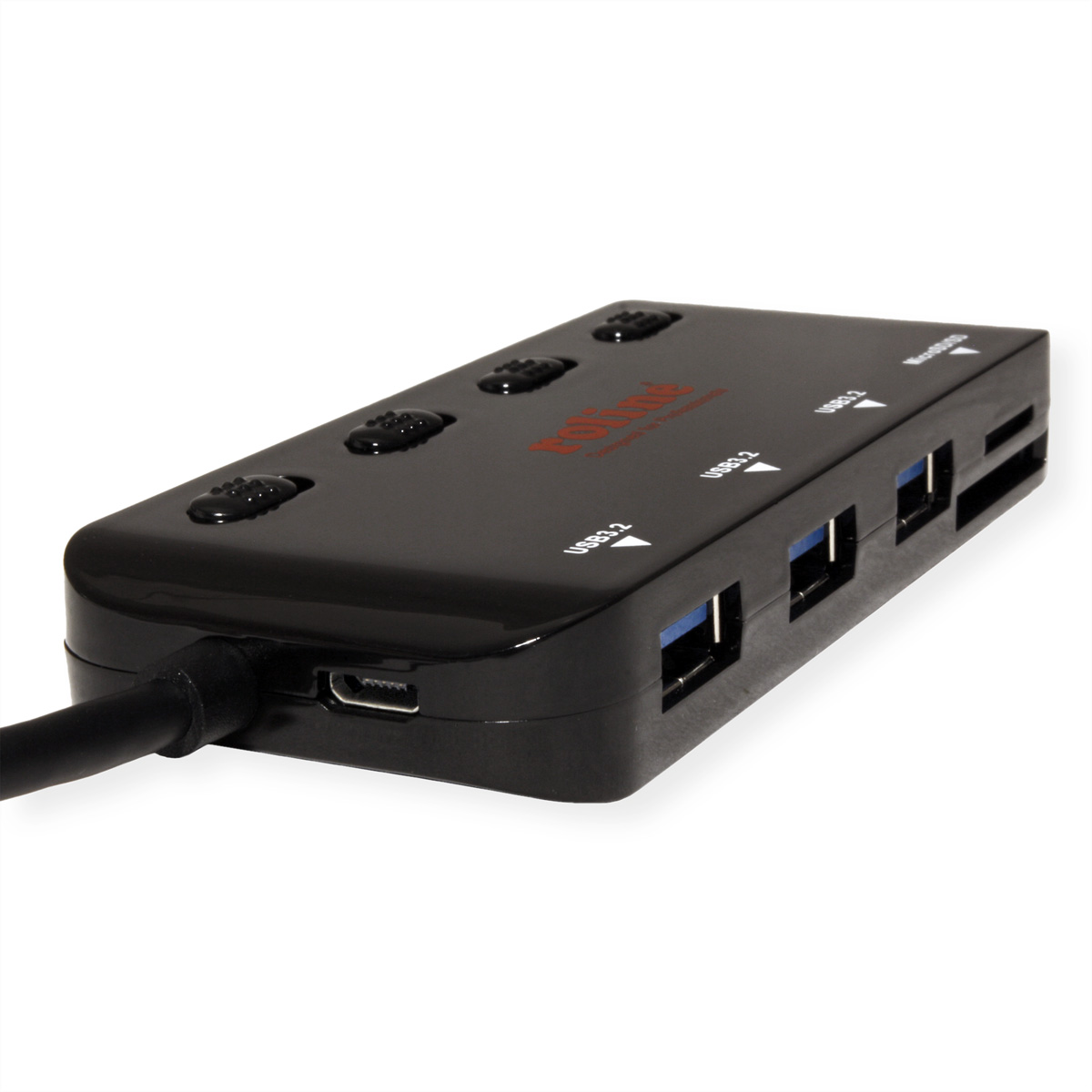 Ein schwarzer USB-Hub mit USB-Anschlüssen und einem Micro-USB-Anschluss. Hat ein schwarzes Kabel.