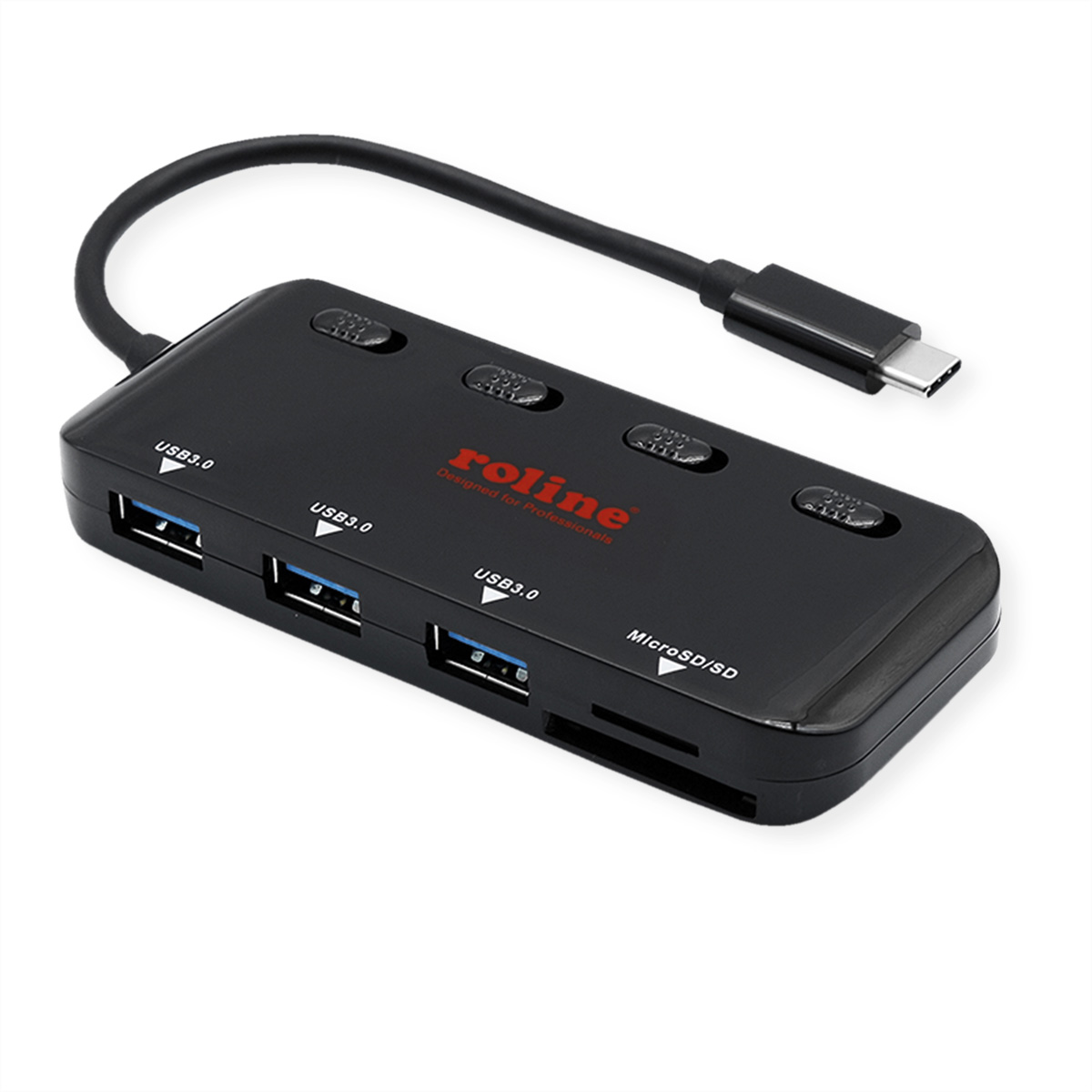Ein schwarzer USB-Hub mit USB 3.0- und MicroSD/SD-Anschlüssen, beschriftet mit 'roline' vor weißem Hintergrund.