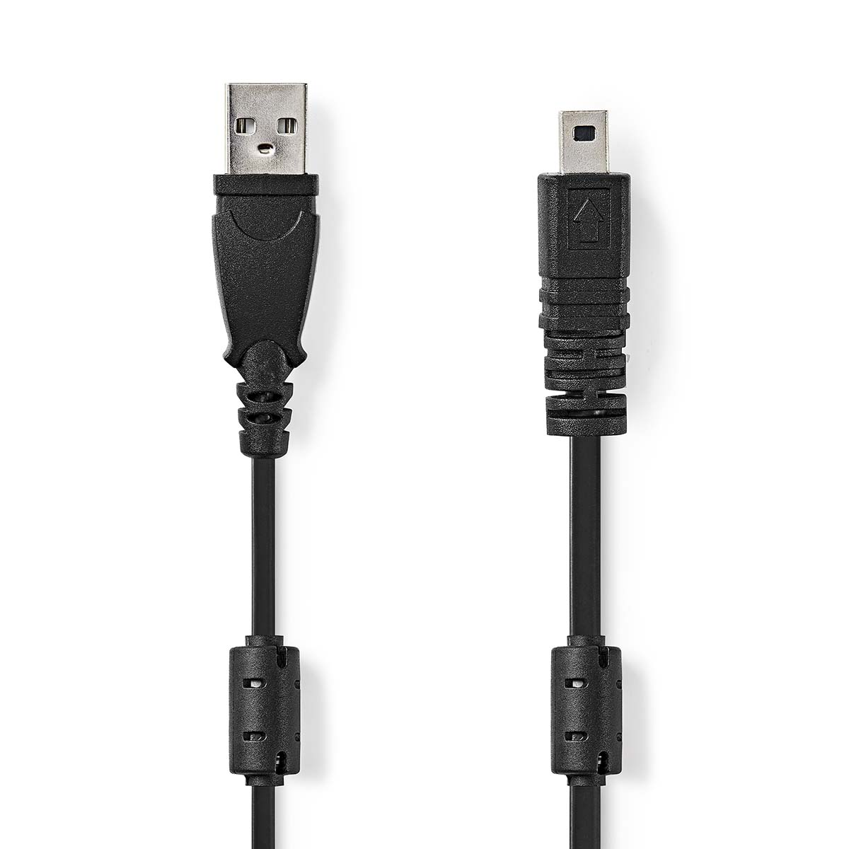 Czarny kabel USB do mini USB, ze złączami na obu końcach.