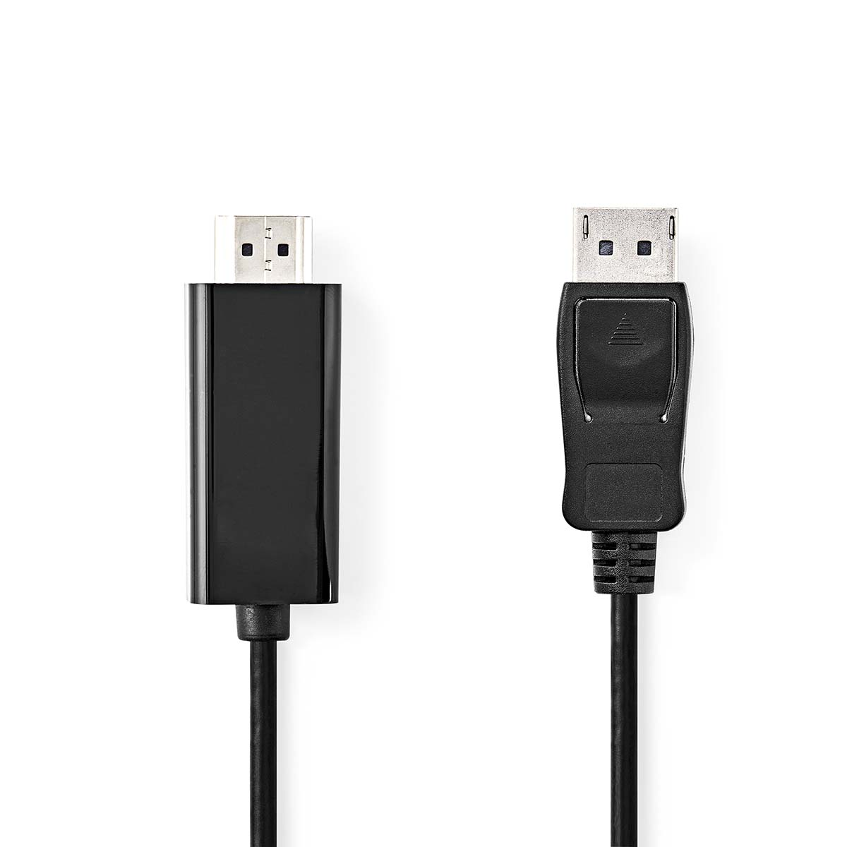 Twee zwarte DisplayPort-kabels met connectoren aan beide uiteinden, tegen een witte achtergrond.