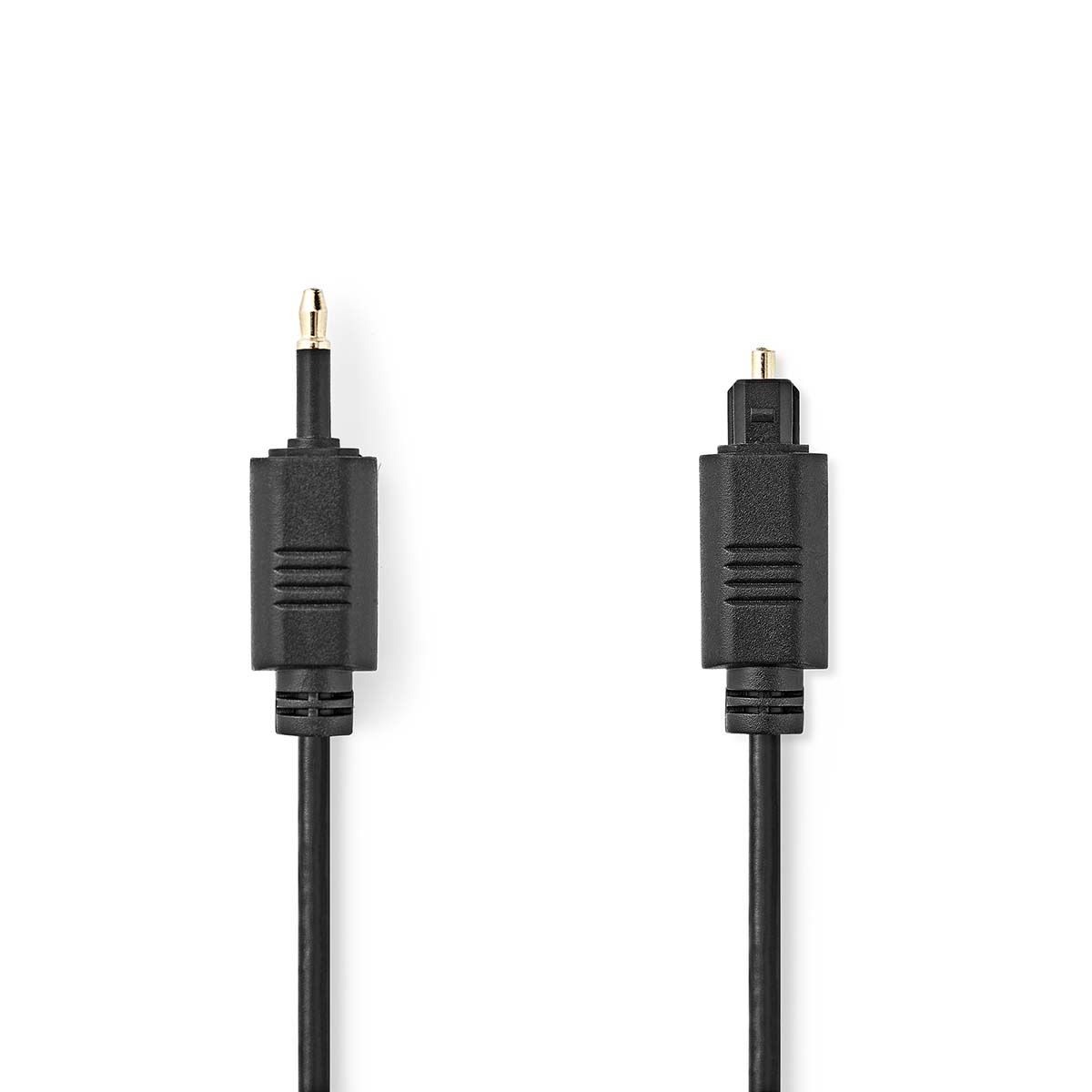 Zwei schwarze optische Audiokabel mit schwarzen Steckern vor weißem Hintergrund.