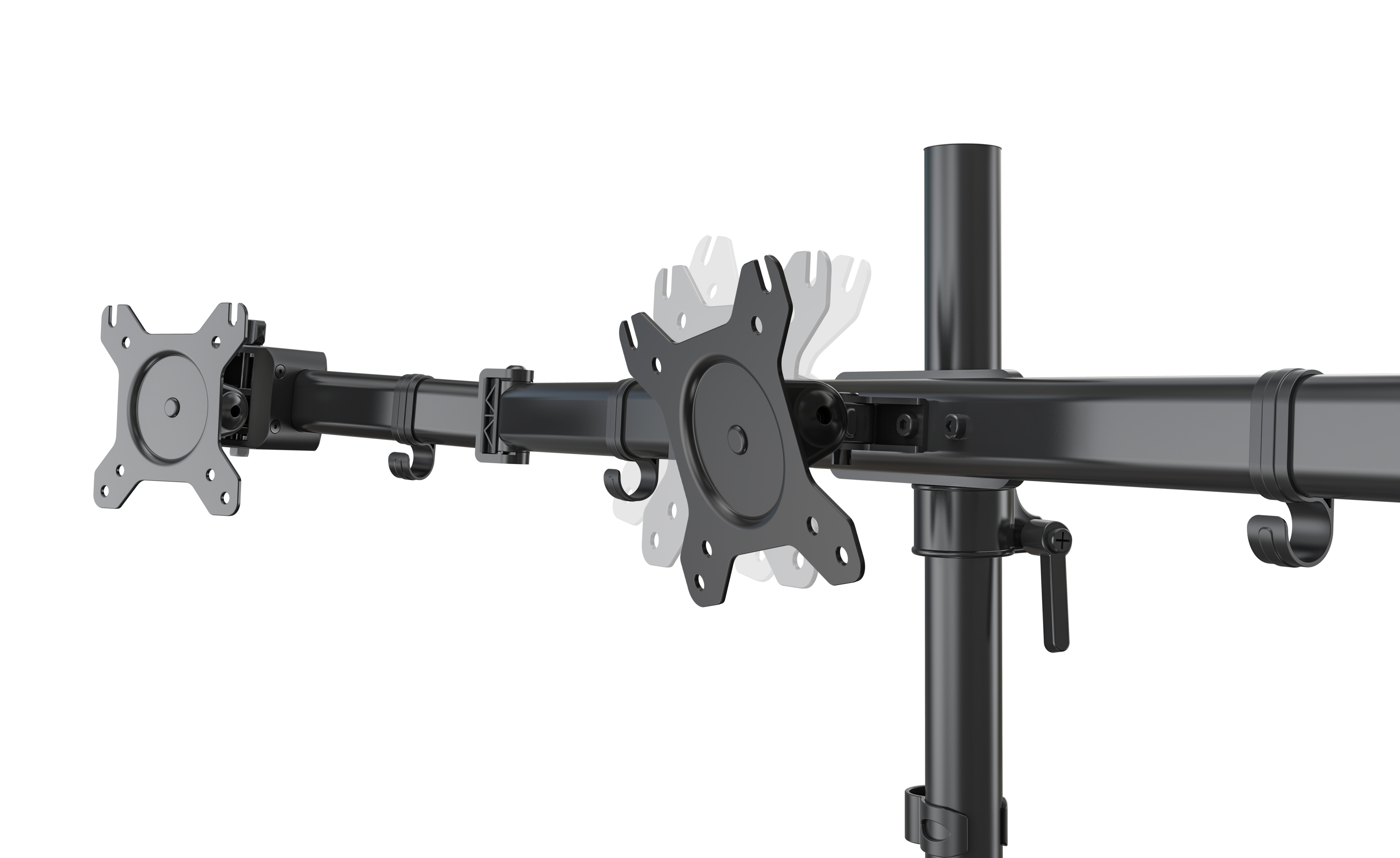 Ein Doppelmonitorarm auf weißem Hintergrund. Der Arm ist schwarz und verstellbar, mit zwei Monitorhalterungen.
