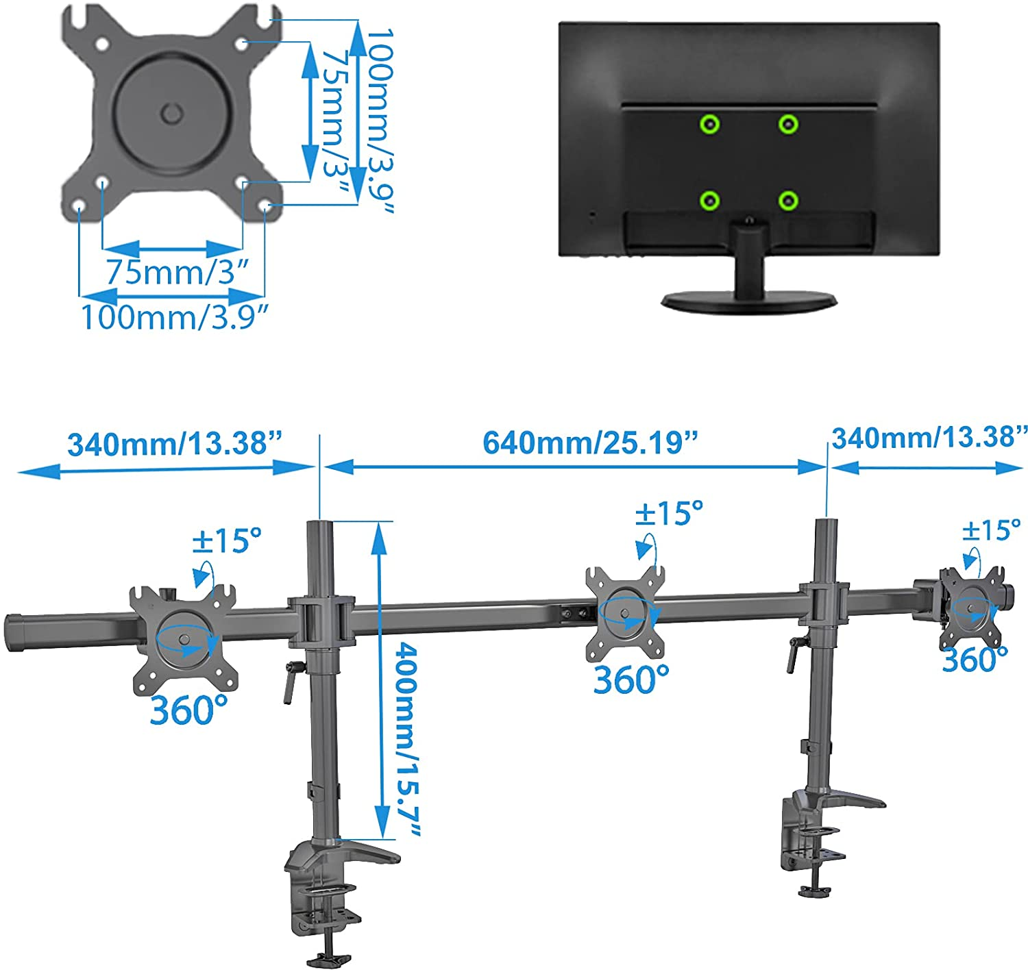 Monitor 27 für von Halterung, Zoll bis Schwarz, HFTEK Aluminium 15 (MP330C-N) 3 Bildschirme
