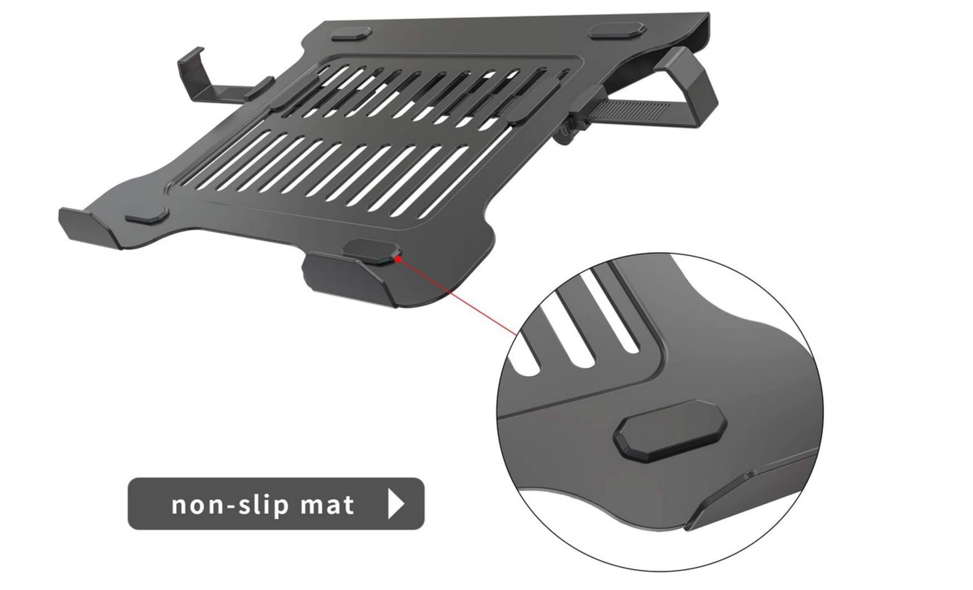 Ein schwarzer Laptopständer mit einer Nahaufnahme, die eine rutschfeste Matte zeigt.